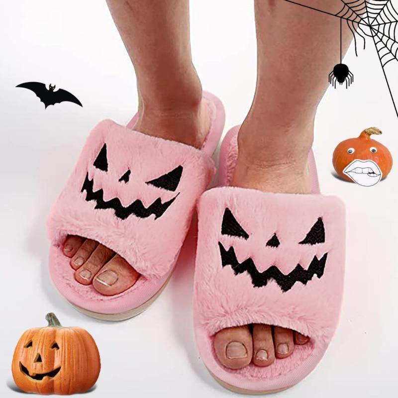 Cozy Halloween Pumpkin Fuzzy Slippers for women, featuring plush material, open toe design, and festive pumpkin embroidery.