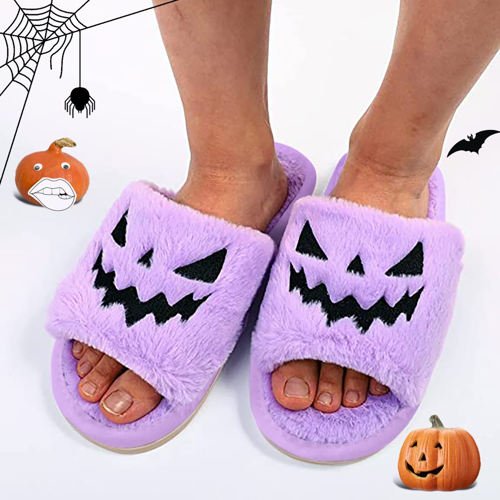 Purple Halloween Pumpkin Slippers for women with open toe design and festive embroidery, perfect for cozy indoor wear.