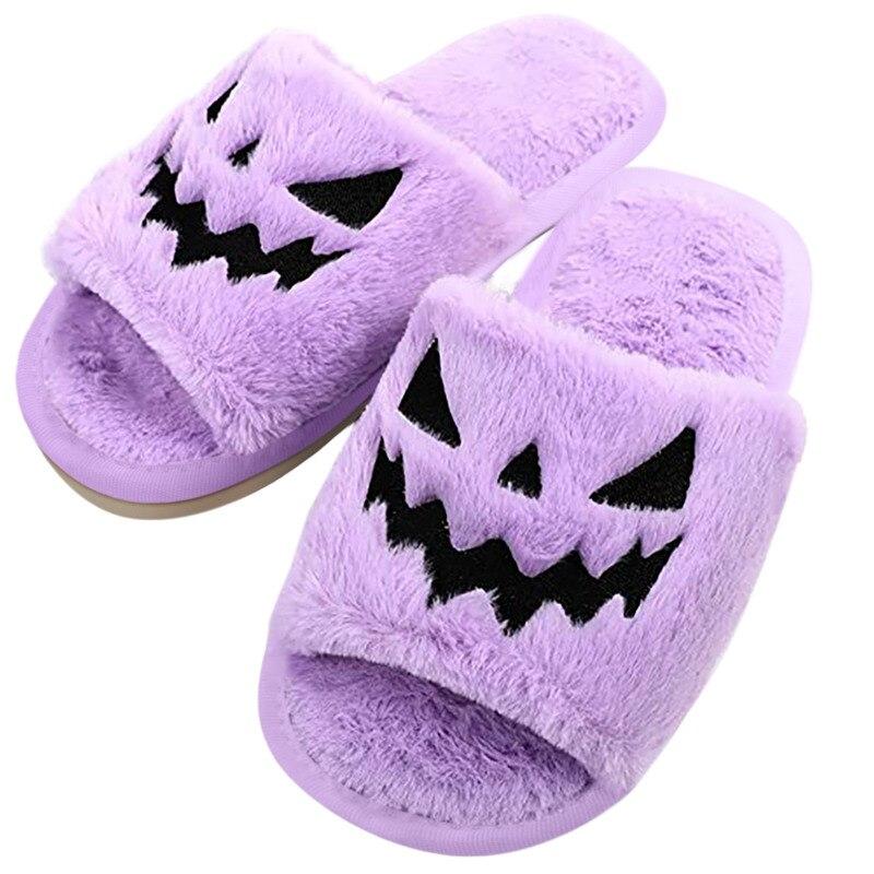 Purple Halloween Pumpkin Slippers for women with open toe design and festive embroidery, perfect for cozy indoor wear.