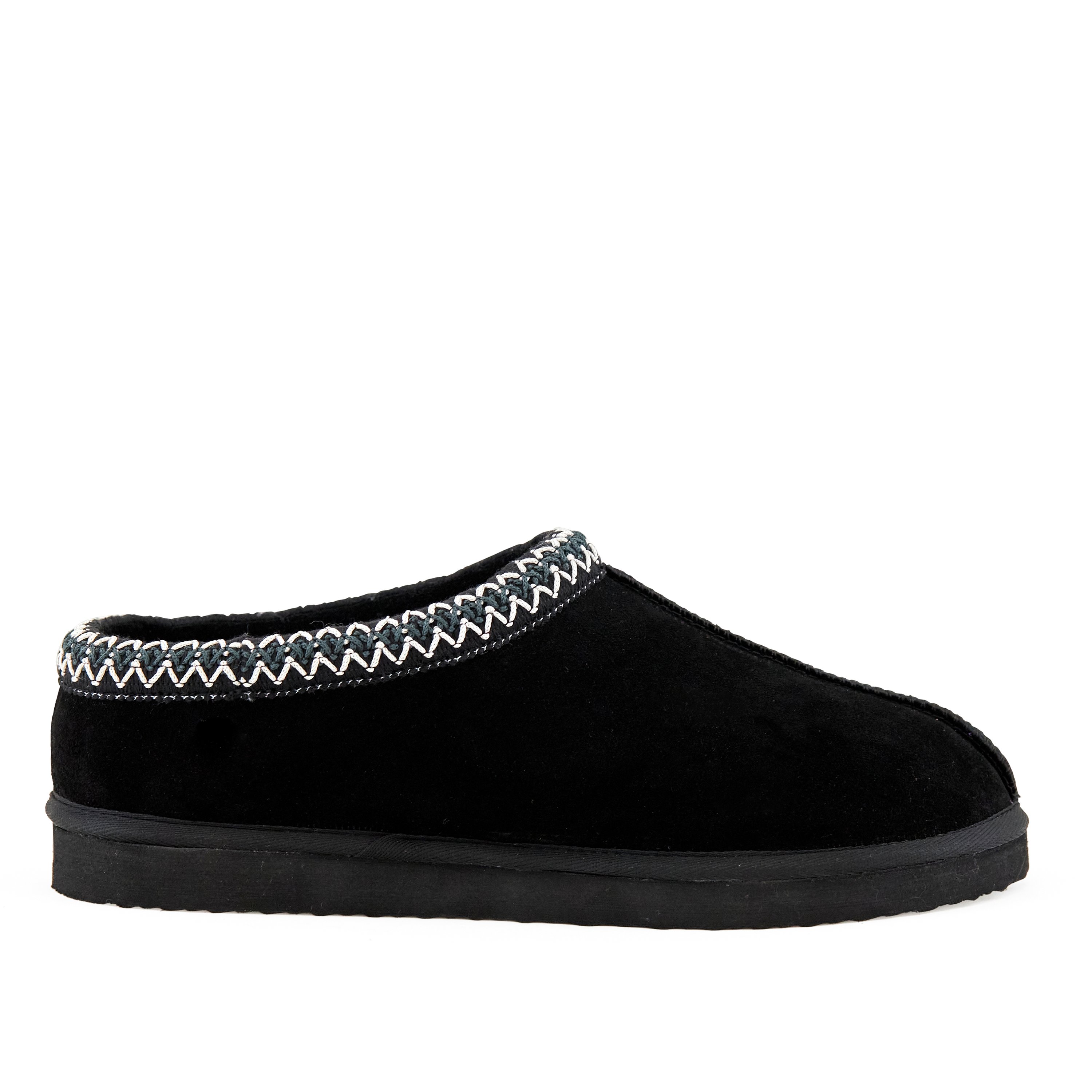 Black slip-on shoe with zigzag trim.