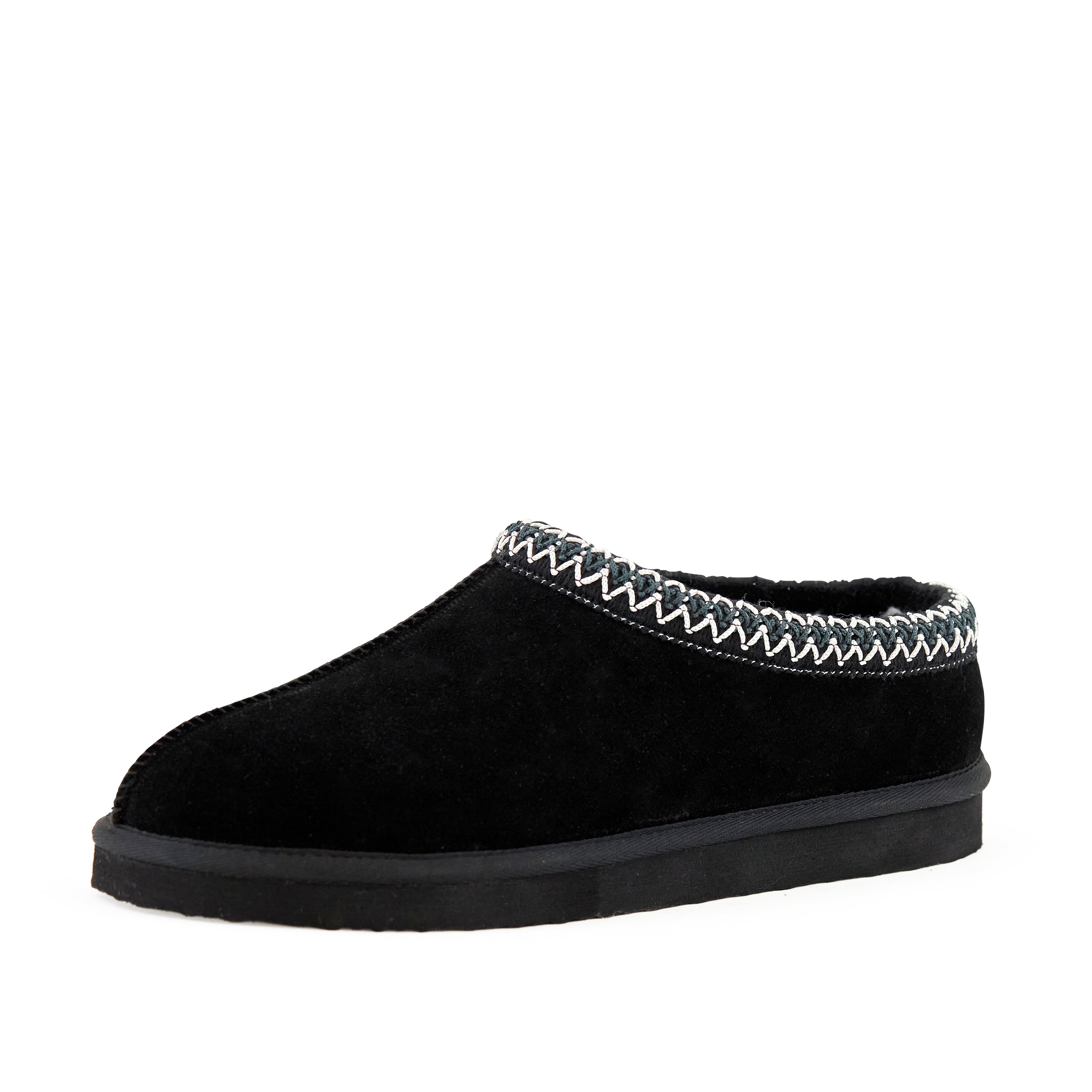 Black fleece-lined slip-on slipper.