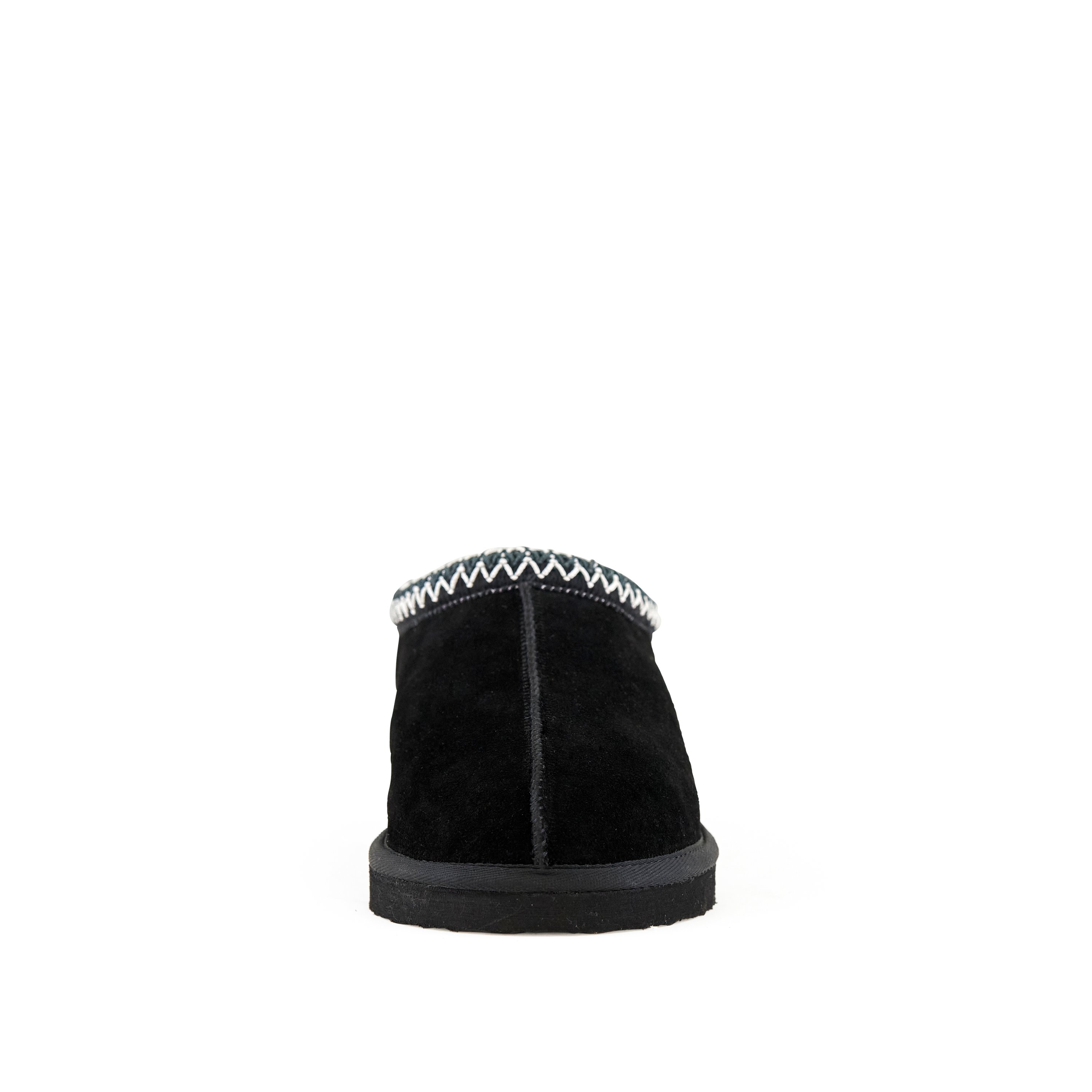 Black suede slipper, front view.