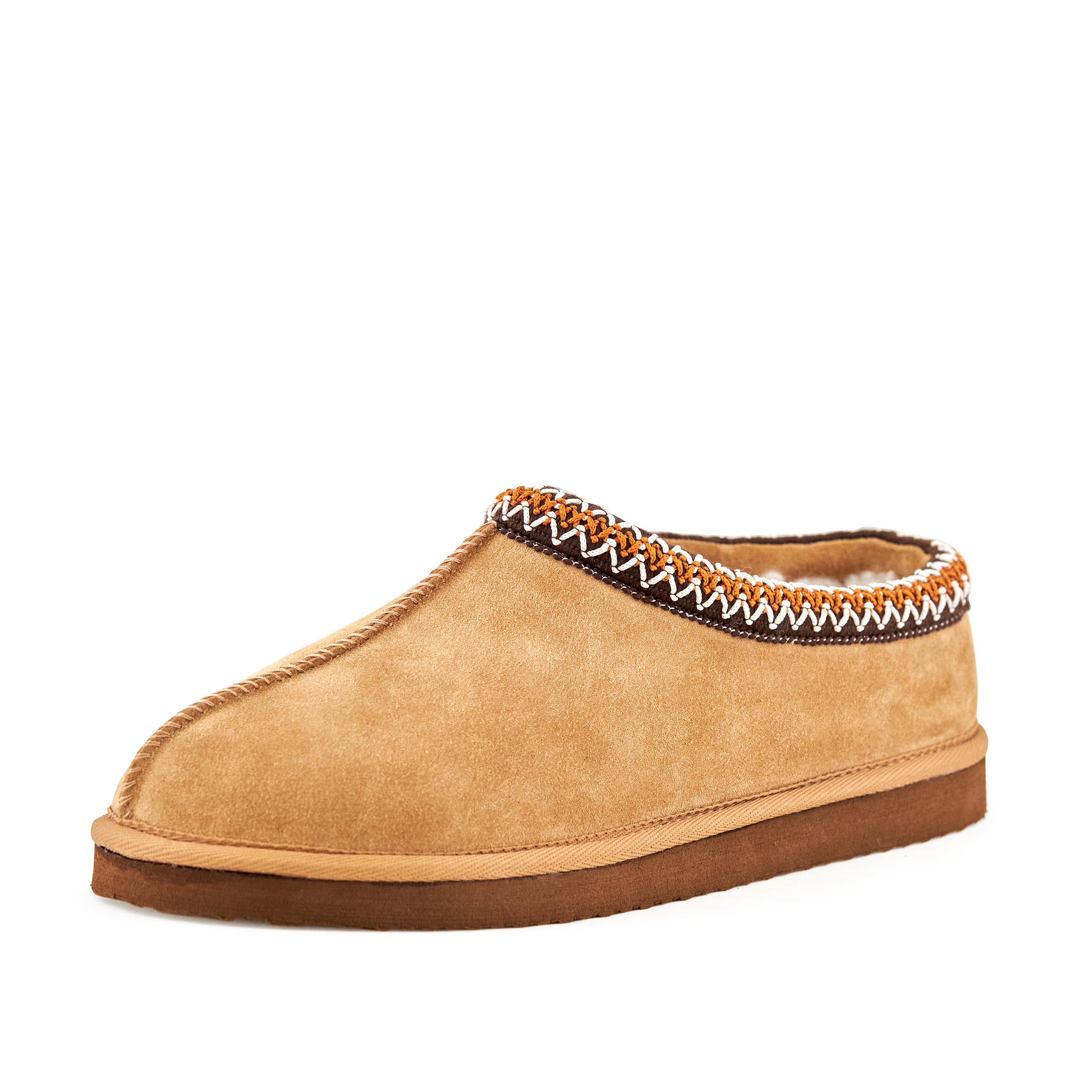 Men's Slipper Slumber Tan featuring faux fur lining and durable clog design, available in various sizes.