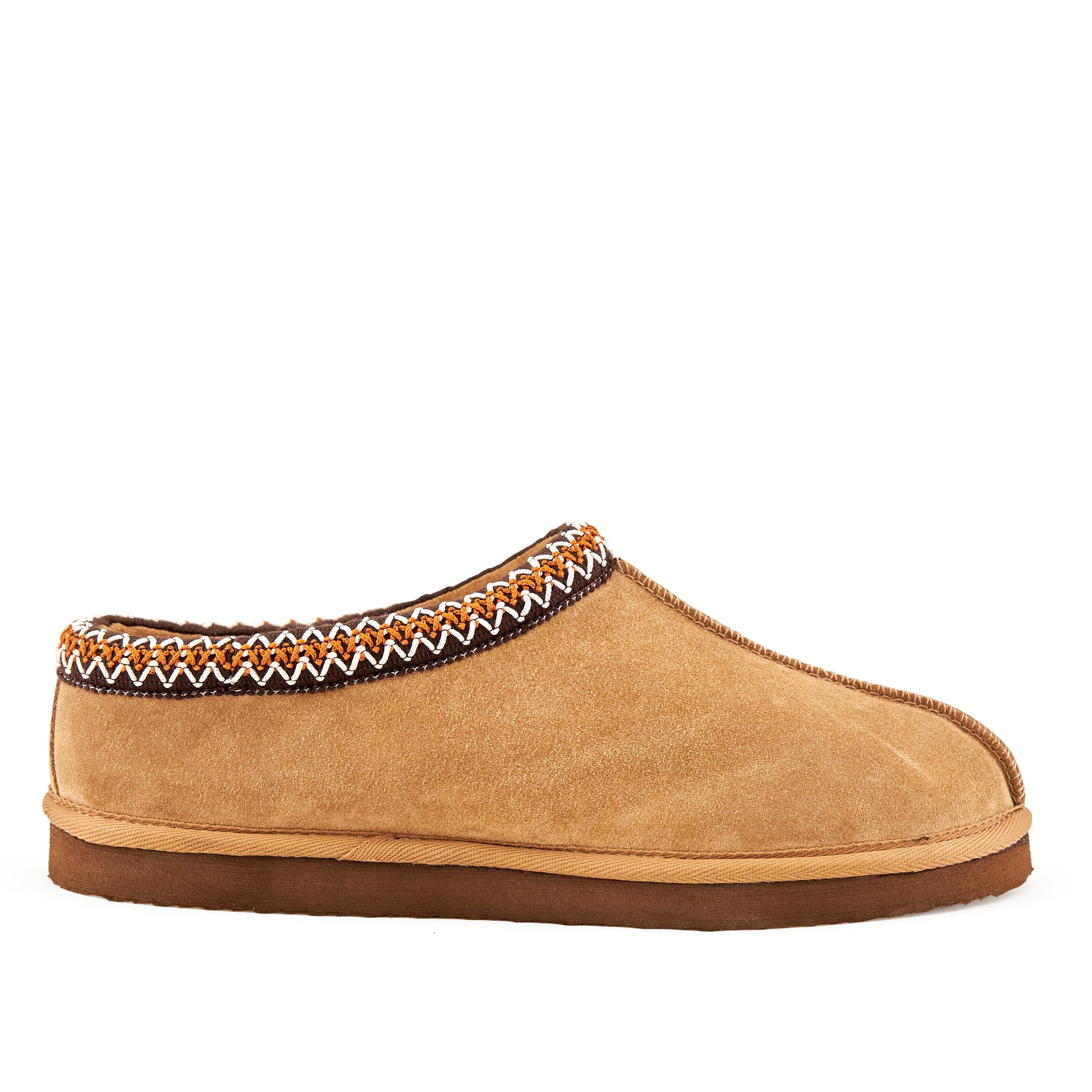 Men's Slipper Slumber Tan featuring faux fur lining and durable clog design, available in various sizes.