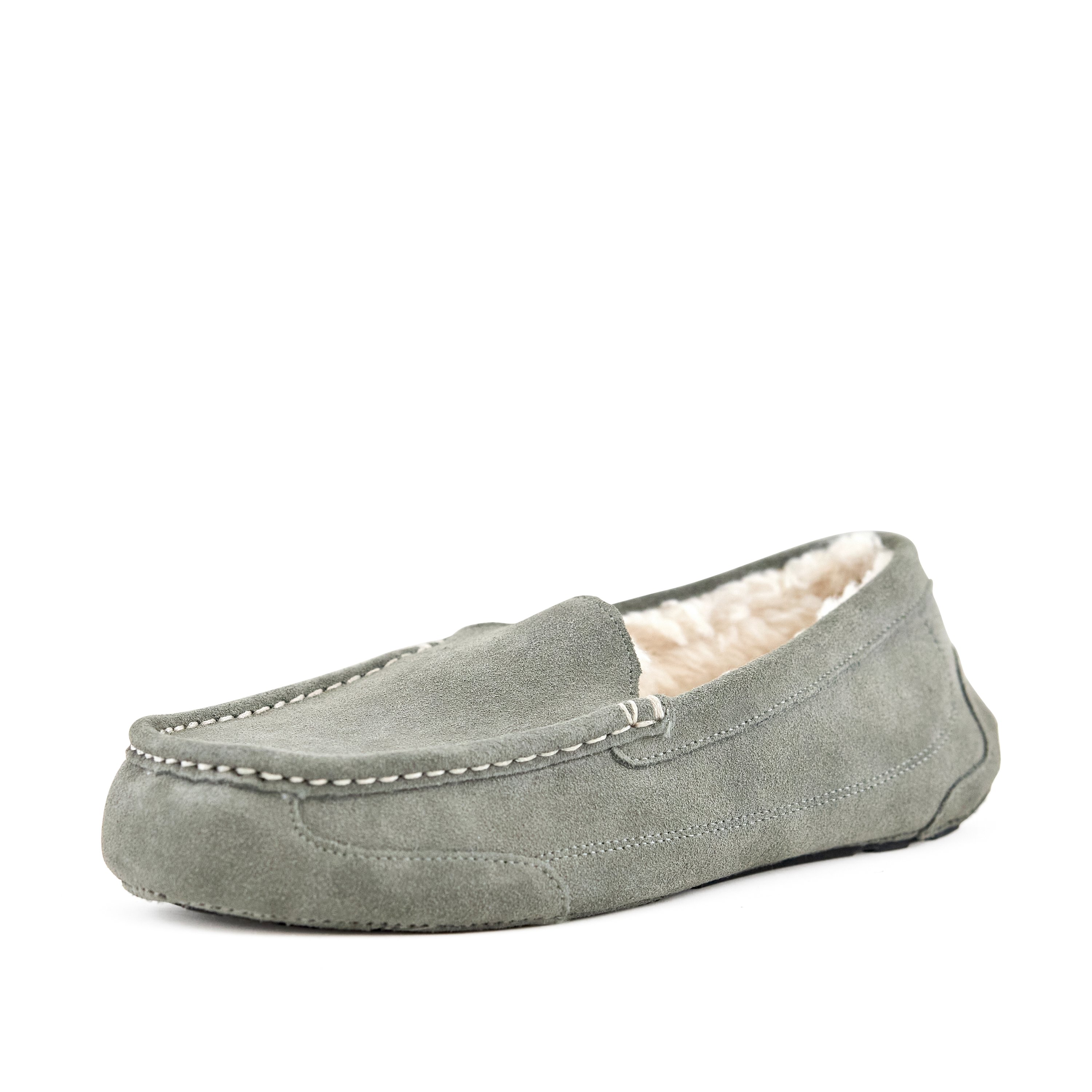 Men's moccasin slippers in Toasty Grey made from genuine suede with faux fur lining and rubber sole, designed for comfort and style.