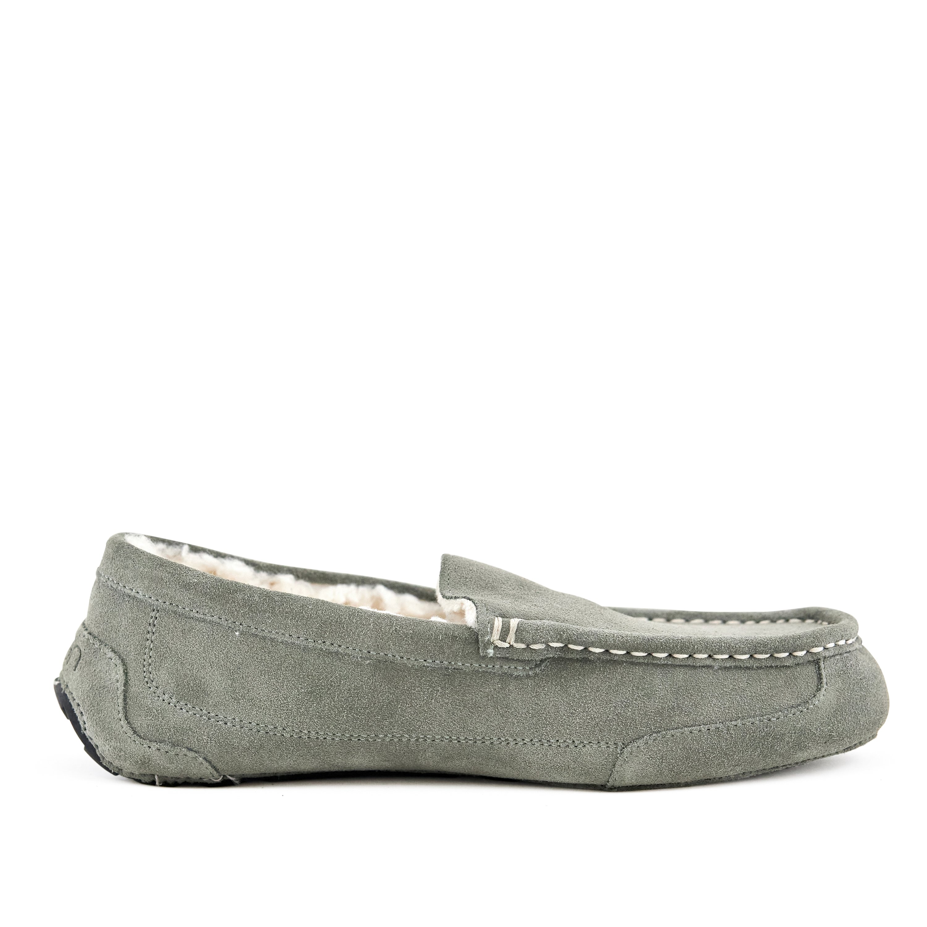 Men's moccasin slippers in Toasty Grey made from genuine suede with faux fur lining and rubber sole, designed for comfort and style.