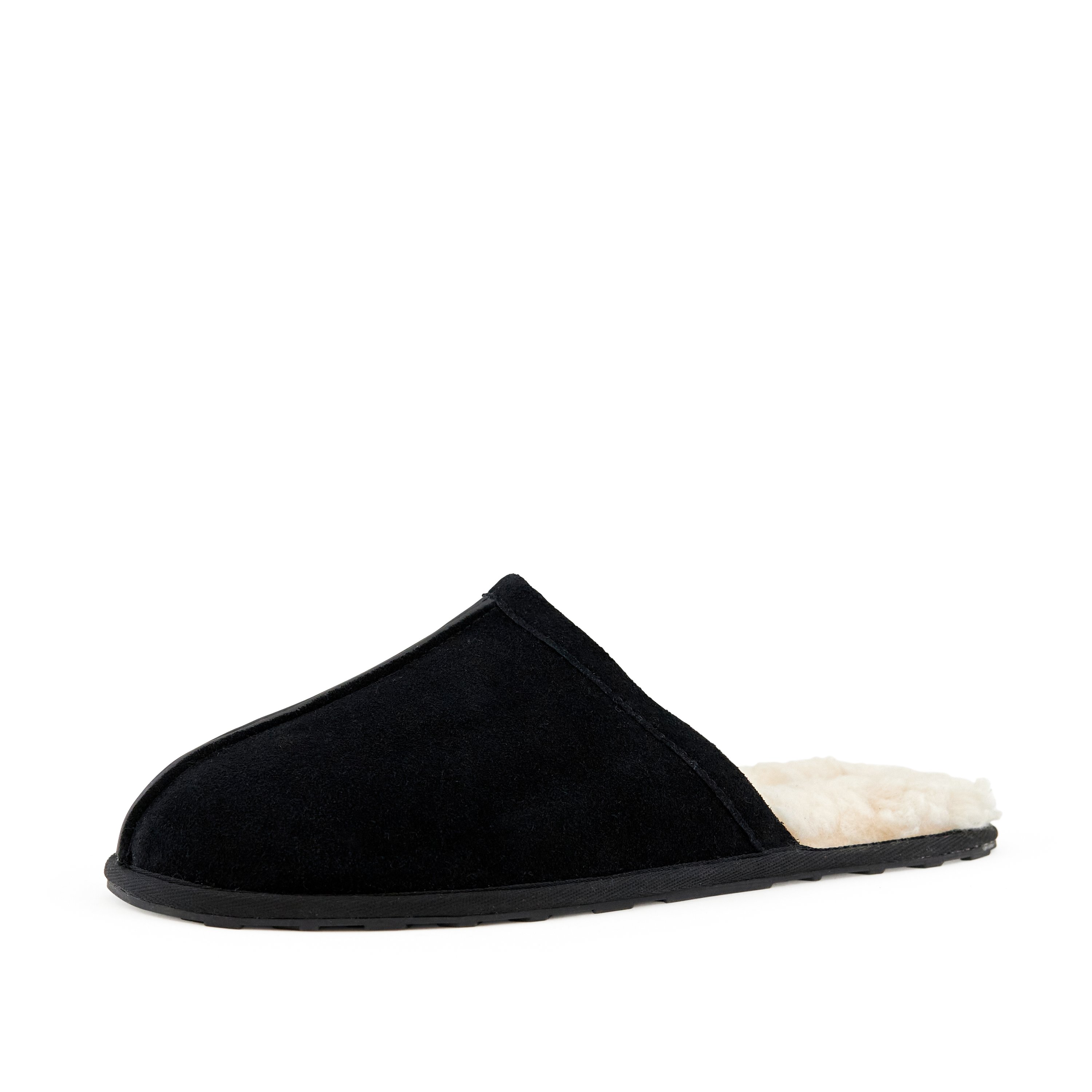 Men's Snuggle Slippers in black, made from genuine suede with a soft faux-fur lining, featuring a cozy moccasin design for indoor comfort.