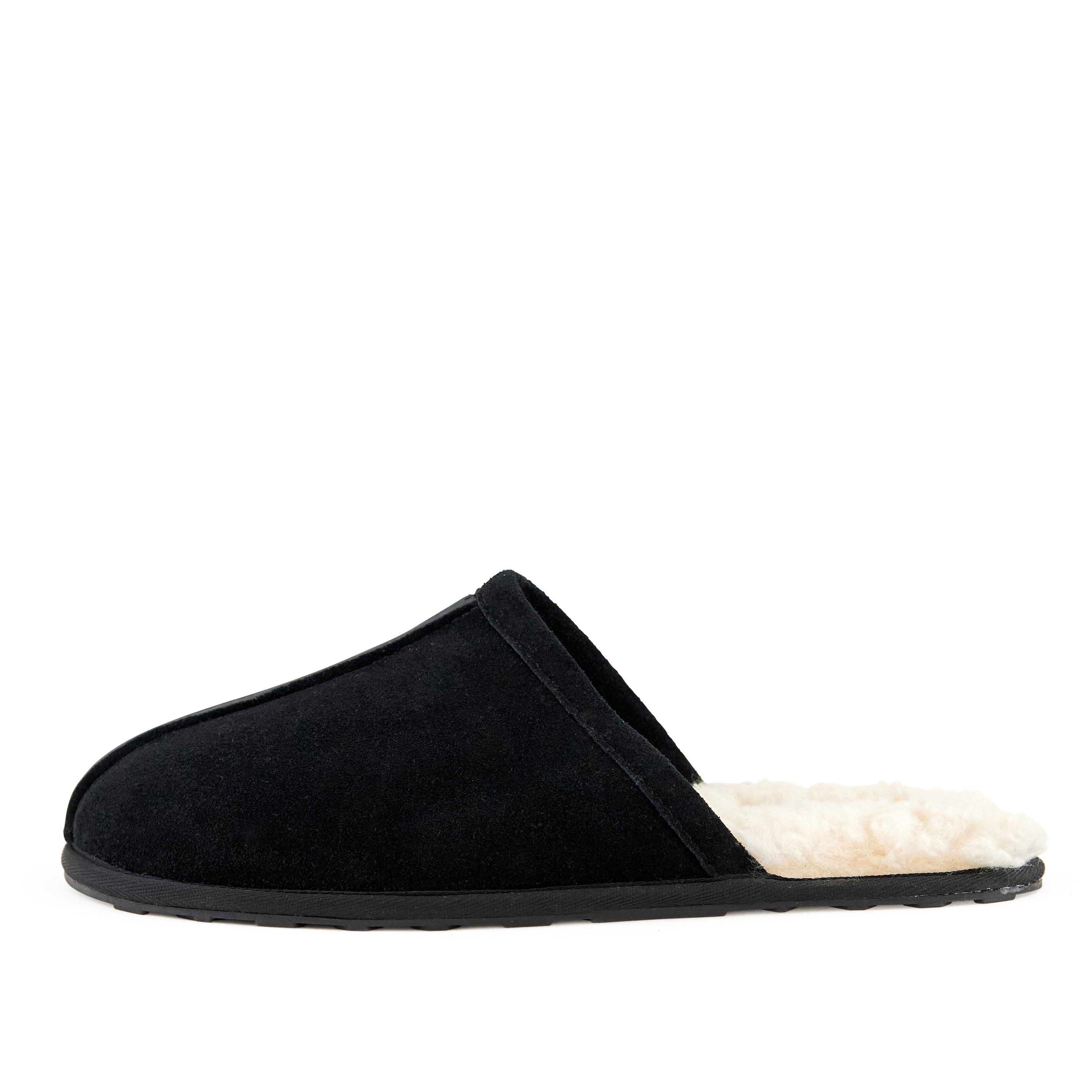 Men's Snuggle Slippers in black, made from genuine suede with a soft faux-fur lining, featuring a cozy moccasin design for indoor comfort.