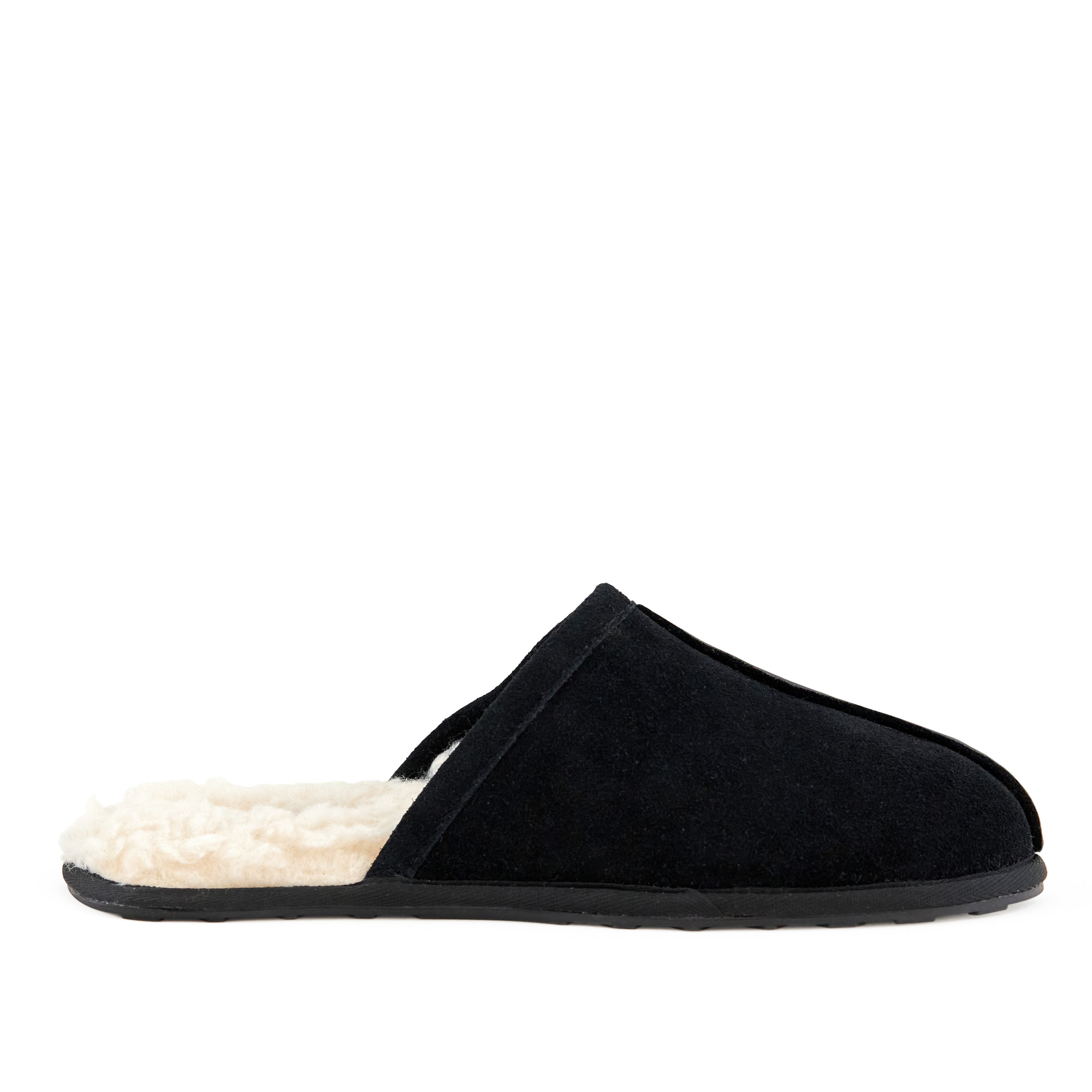 Men's Snuggle Slippers in black, made from genuine suede with a soft faux-fur lining, featuring a cozy moccasin design for indoor comfort.