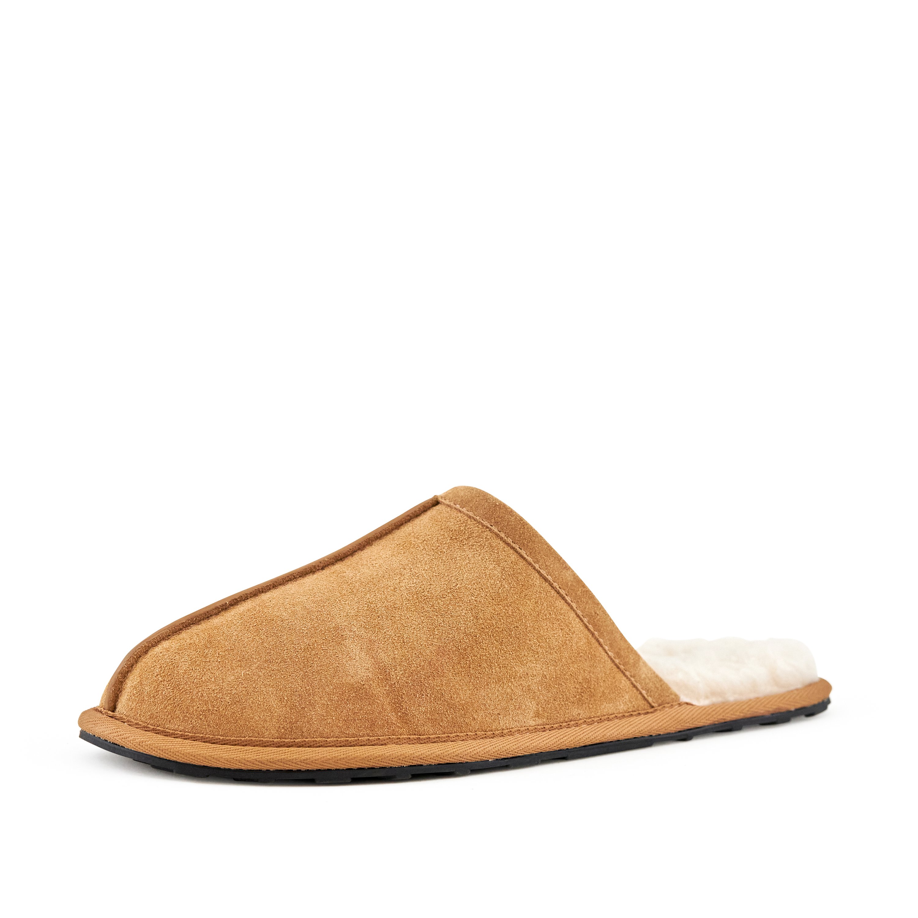 Men's Snuggle Slippers in camel color, made of genuine suede with a soft faux-fur lining, perfect for indoor comfort.