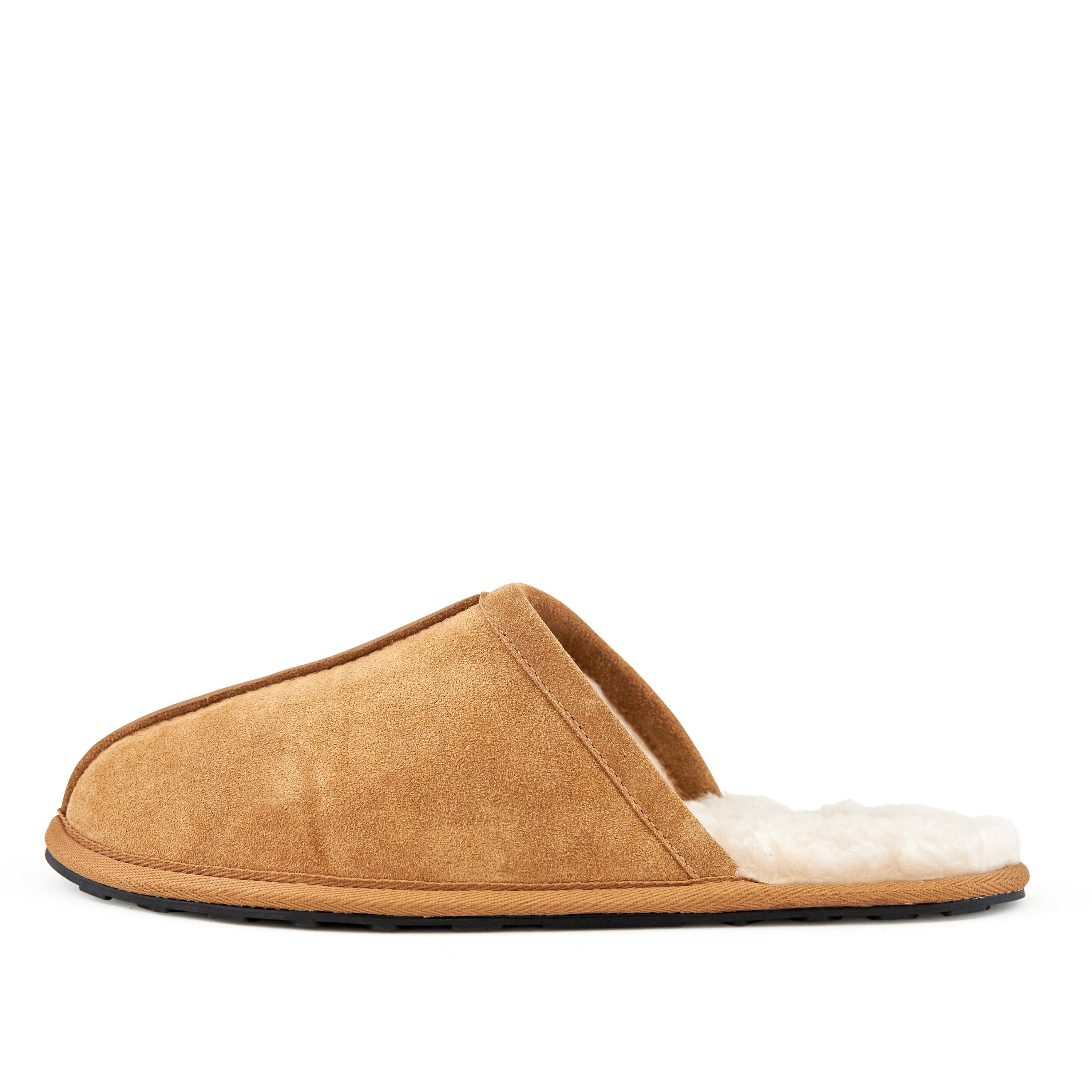 Men's Snuggle Slippers in camel color, made of genuine suede with a soft faux-fur lining, perfect for indoor comfort.