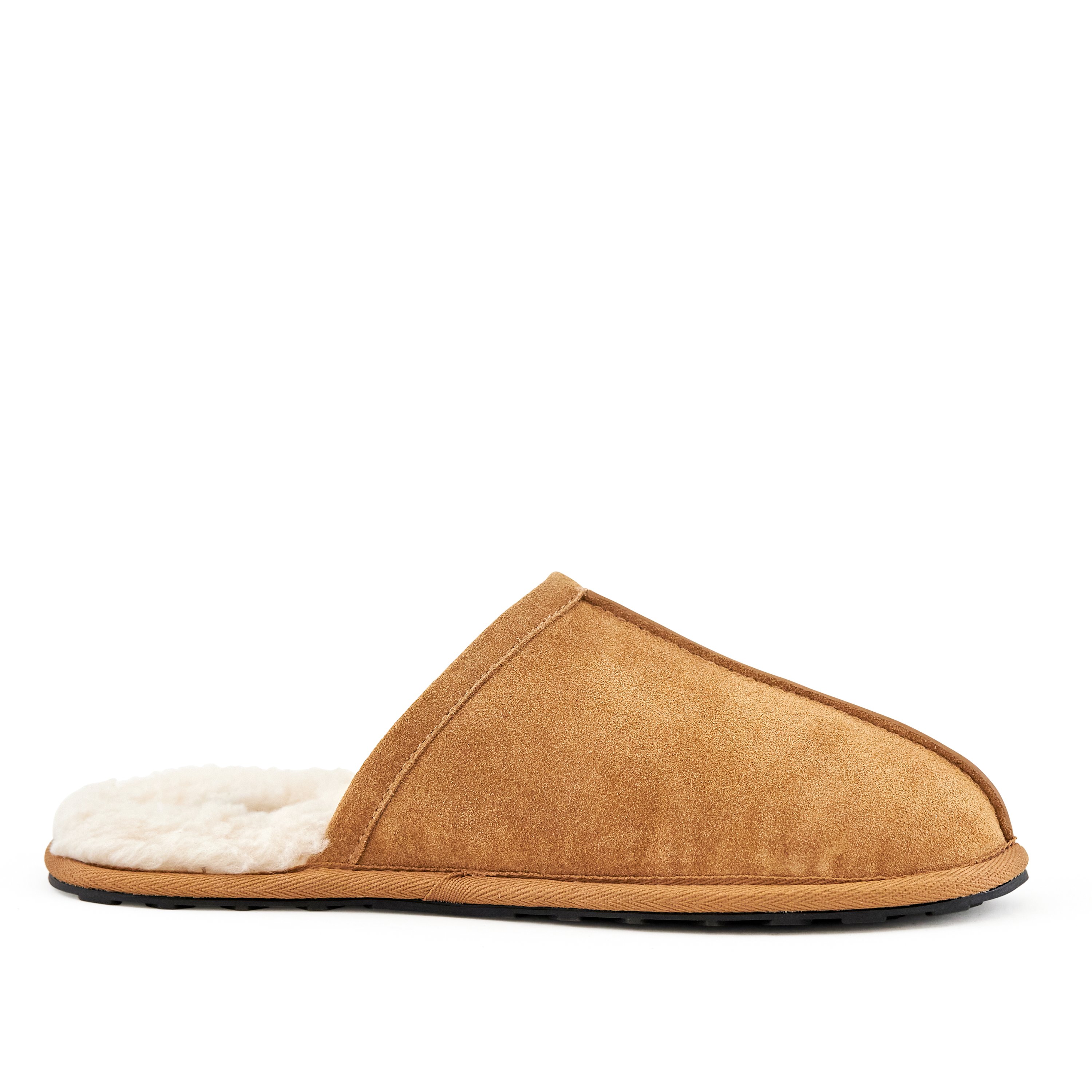 Men's Snuggle Slippers in camel color, made of genuine suede with a soft faux-fur lining, perfect for indoor comfort.