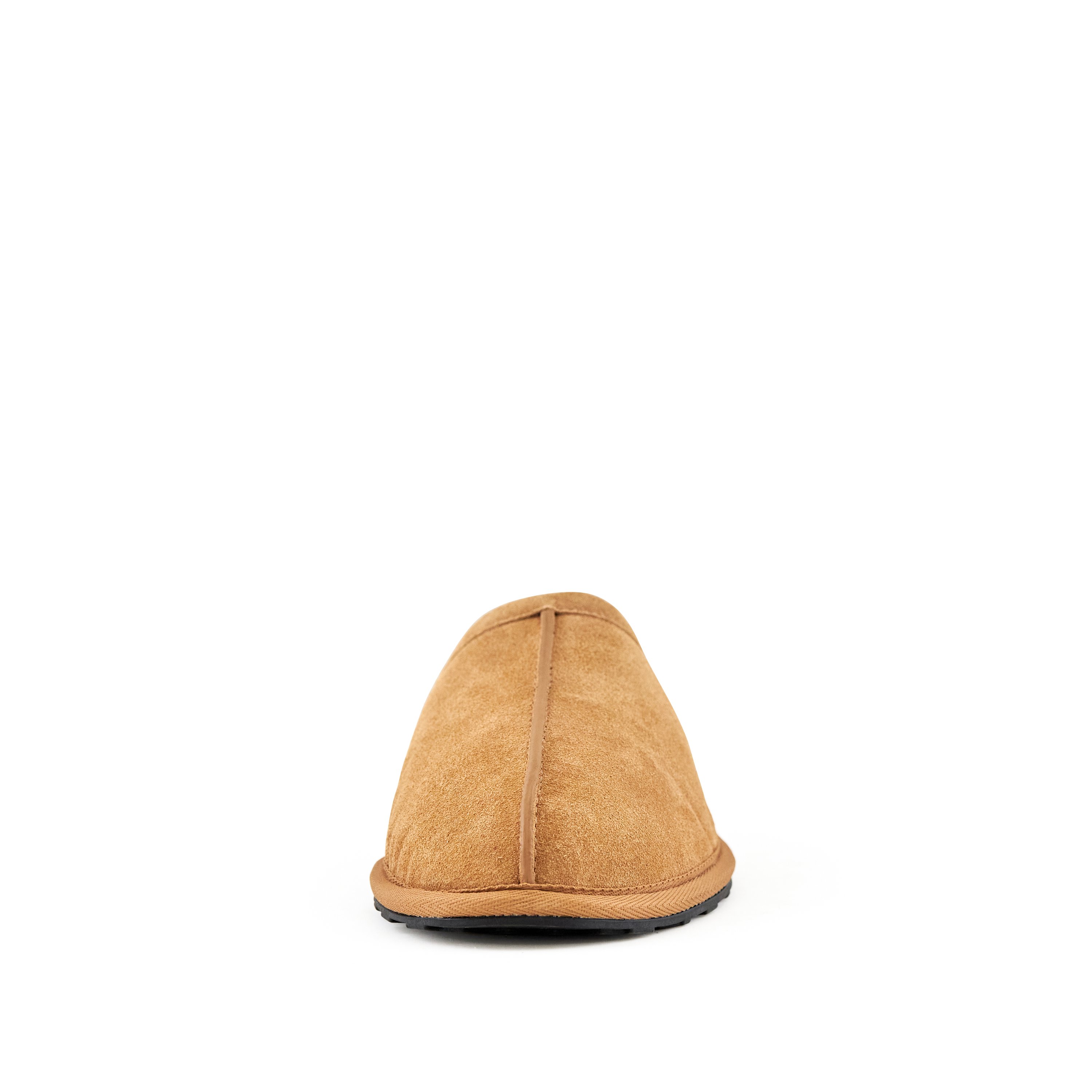 Men's Snuggle Slippers in camel color, made of genuine suede with a soft faux-fur lining, perfect for indoor comfort.