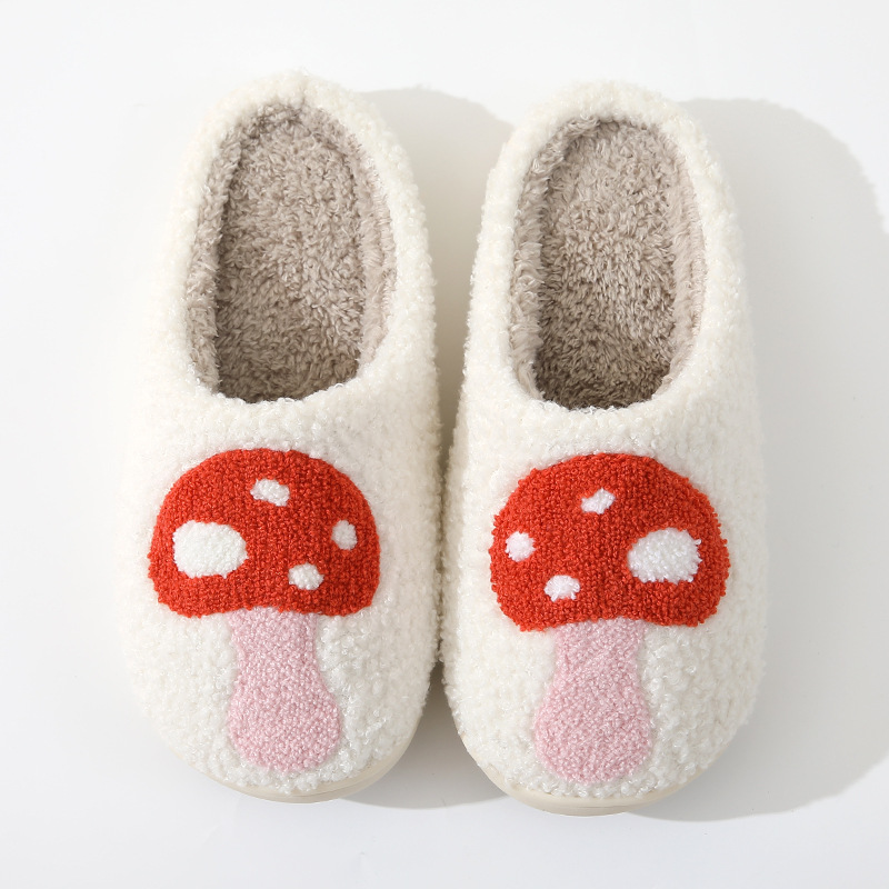 Cozy Mushroom Plush Slippers with soft faux fur and durable rubber sole, featuring a whimsical mushroom design.