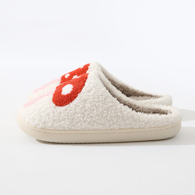 Cozy Mushroom Plush Slippers with soft faux fur and durable rubber sole, featuring a whimsical mushroom design.