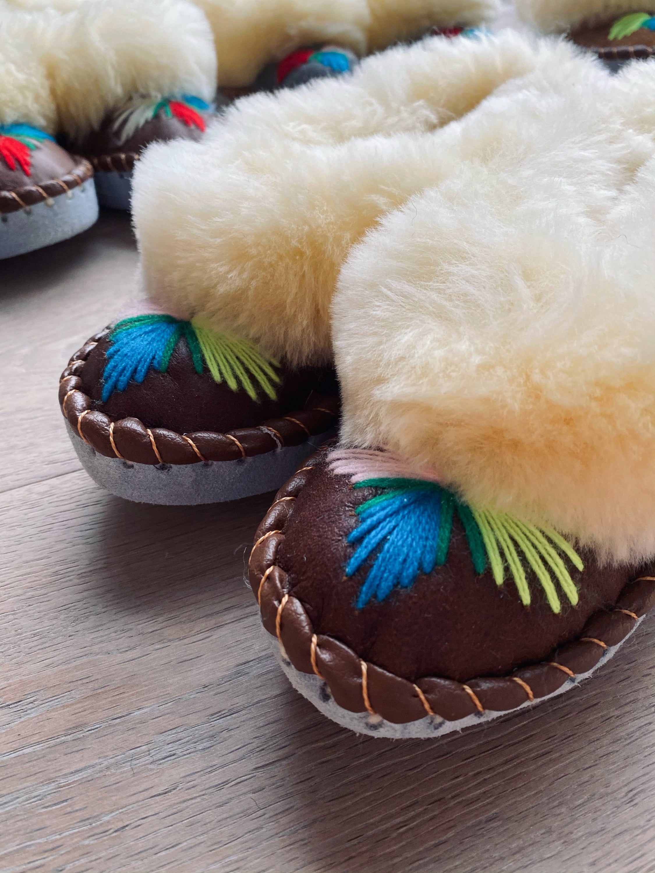 Natural Fur Embroidered Moccasin Slippers showcasing vibrant colors and a fluffy fur cuff, perfect for indoor comfort.