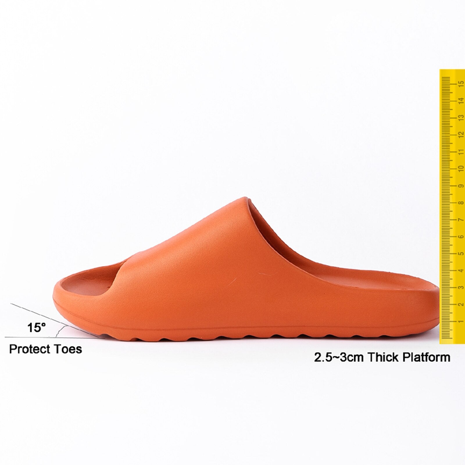 A pair of orange chunky platform pillow slides for women, featuring an open toe design and a cushioned insole, perfect for casual wear and shower use.