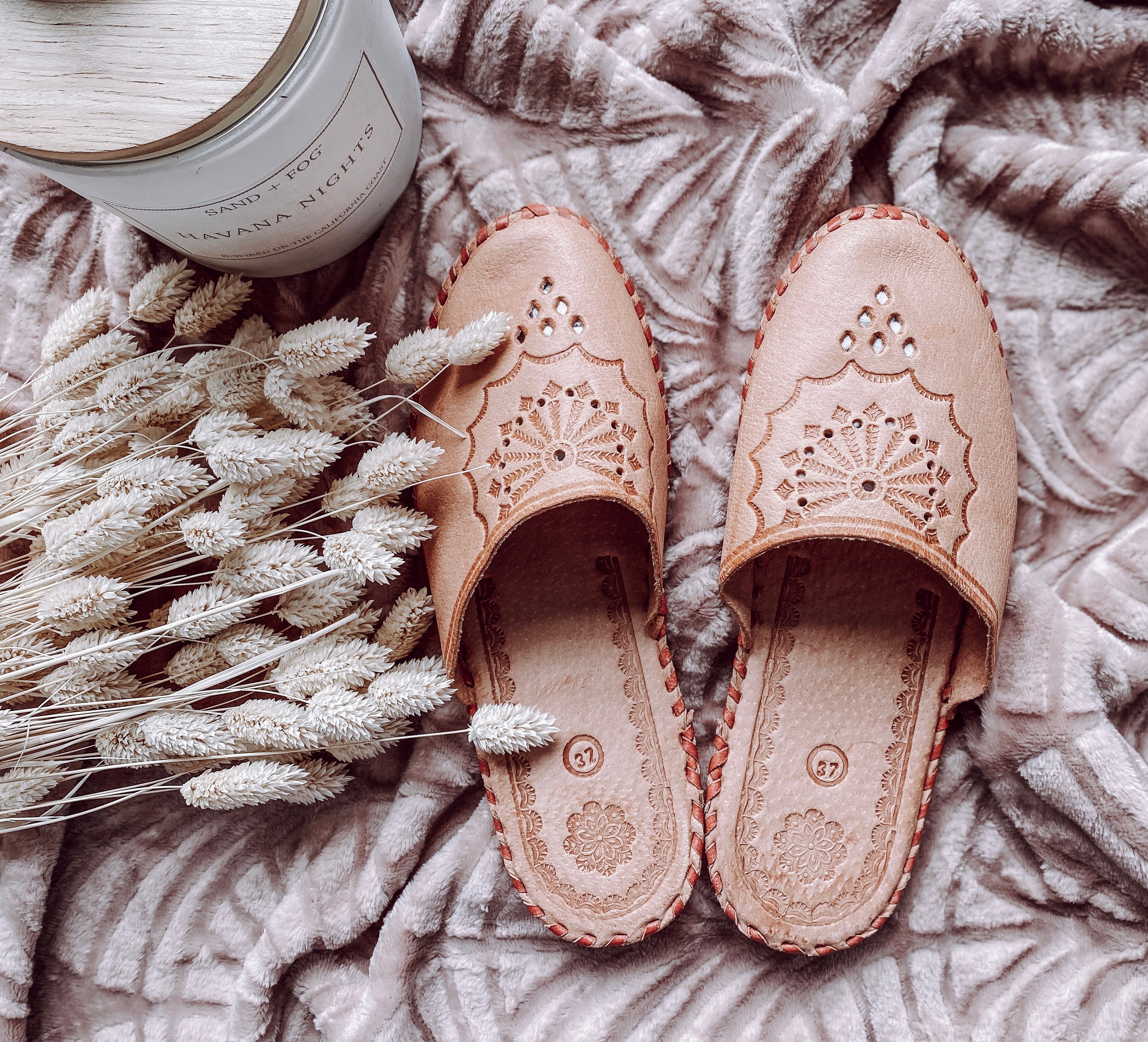 Wanderlust Closed Toe Slippers featuring handmade leather and boho embroidery, perfect for indoor and outdoor wear.