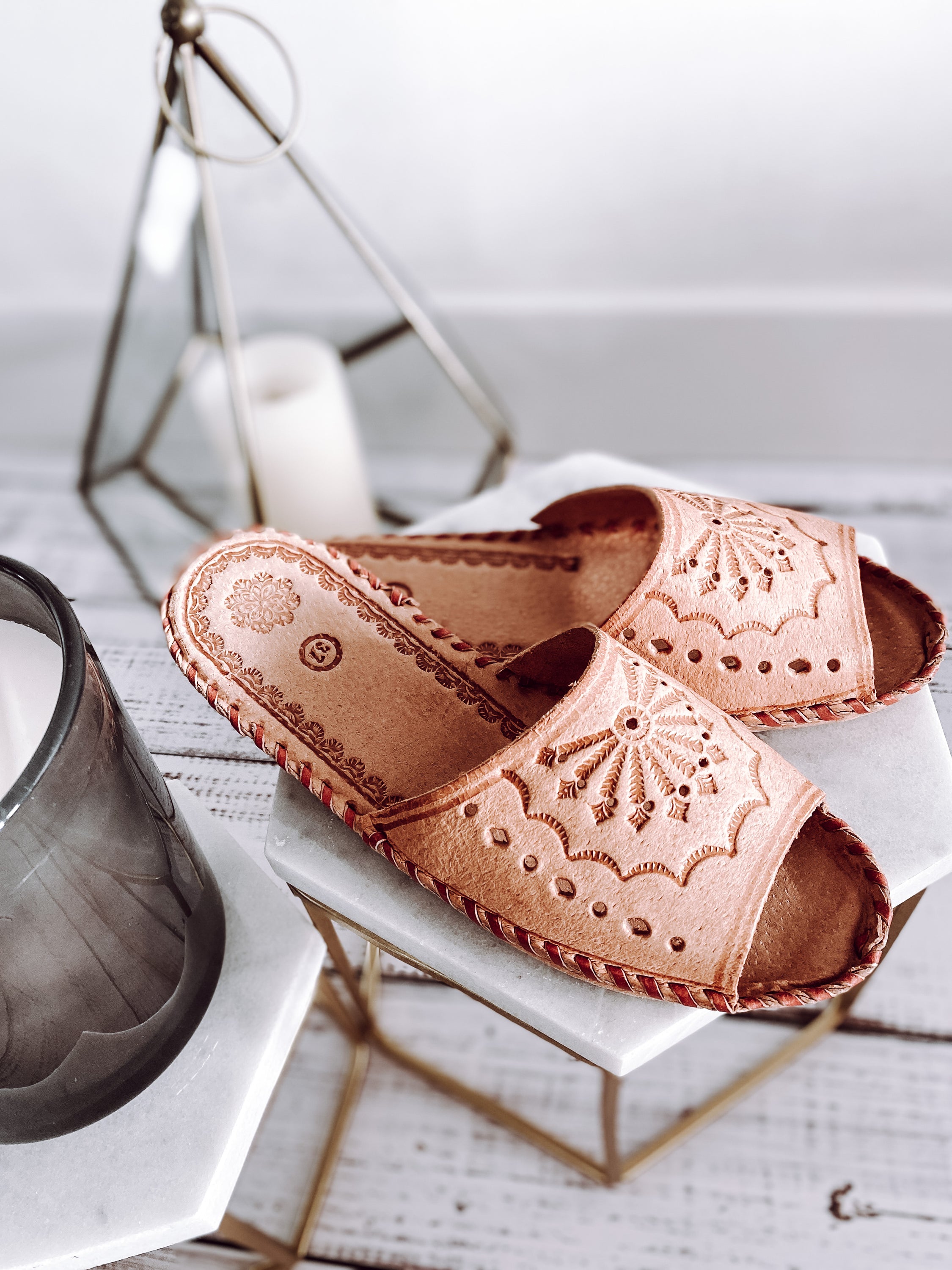 Wanderlust Open Toe Slippers featuring handmade leather with boho embroidery, perfect for warm weather wear.