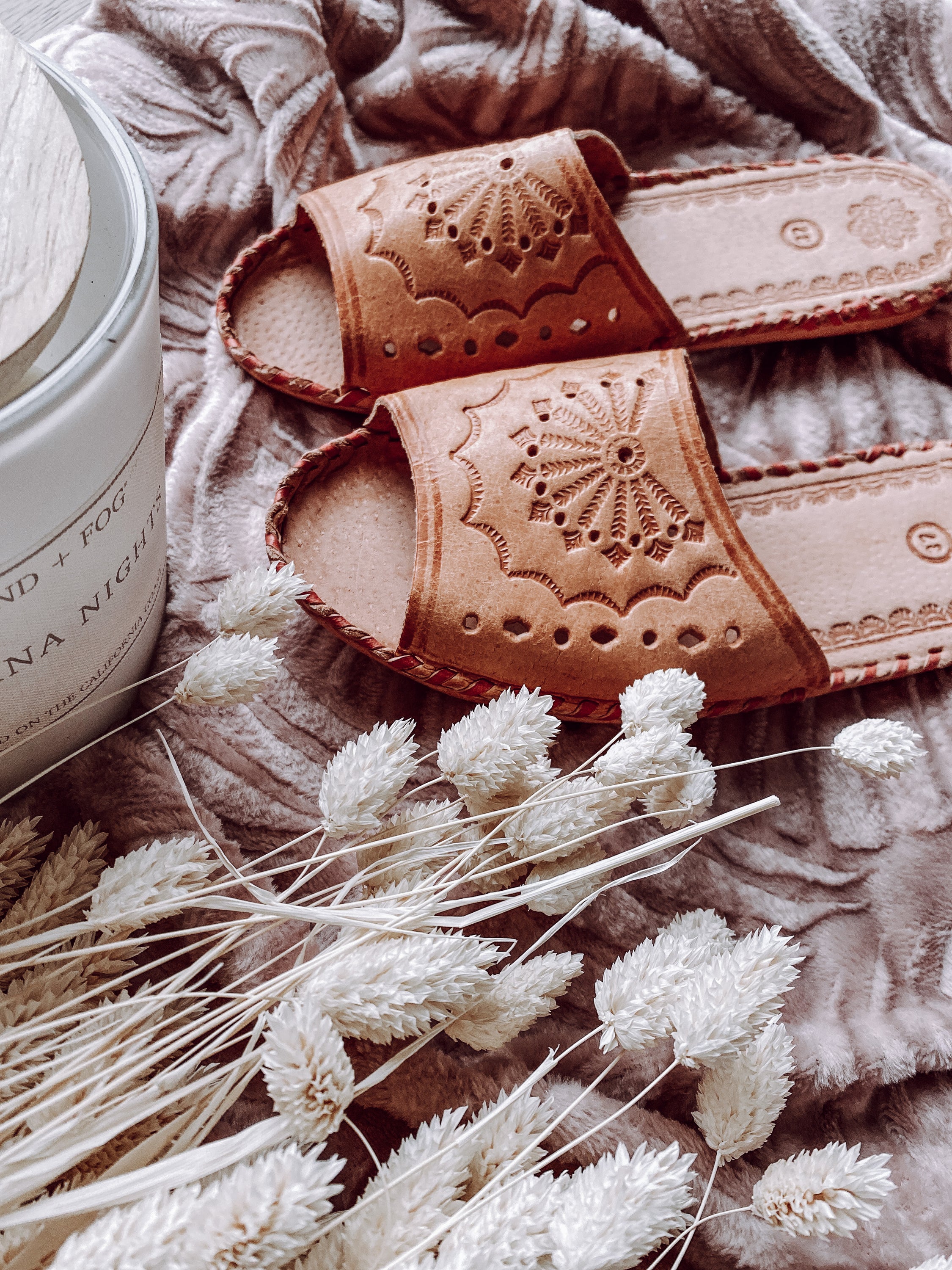 Wanderlust Open Toe Slippers featuring handmade leather with boho embroidery, perfect for warm weather wear.