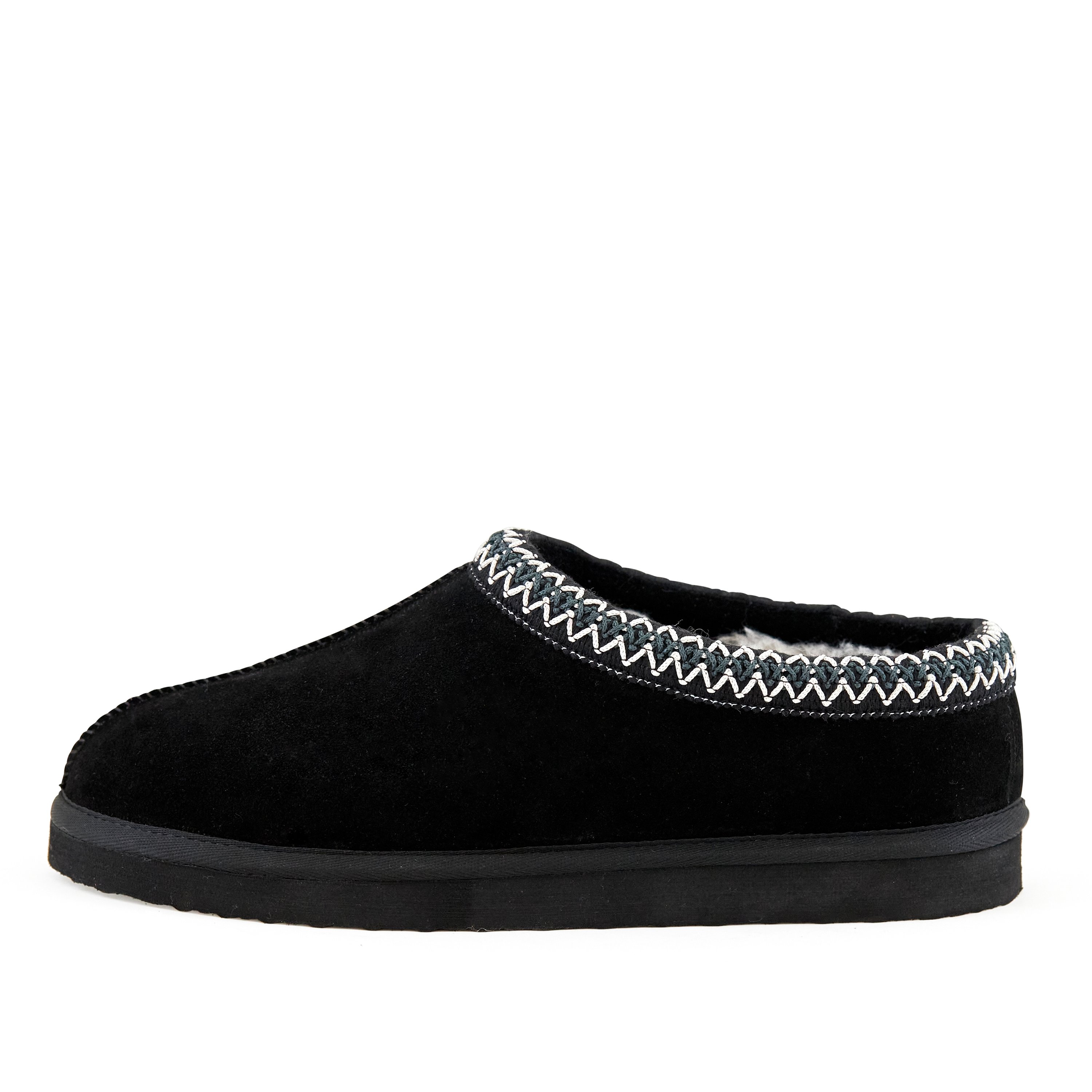 Women's Slipper Slumber Black featuring faux leather exterior and faux-fur lining, designed for comfort and warmth.