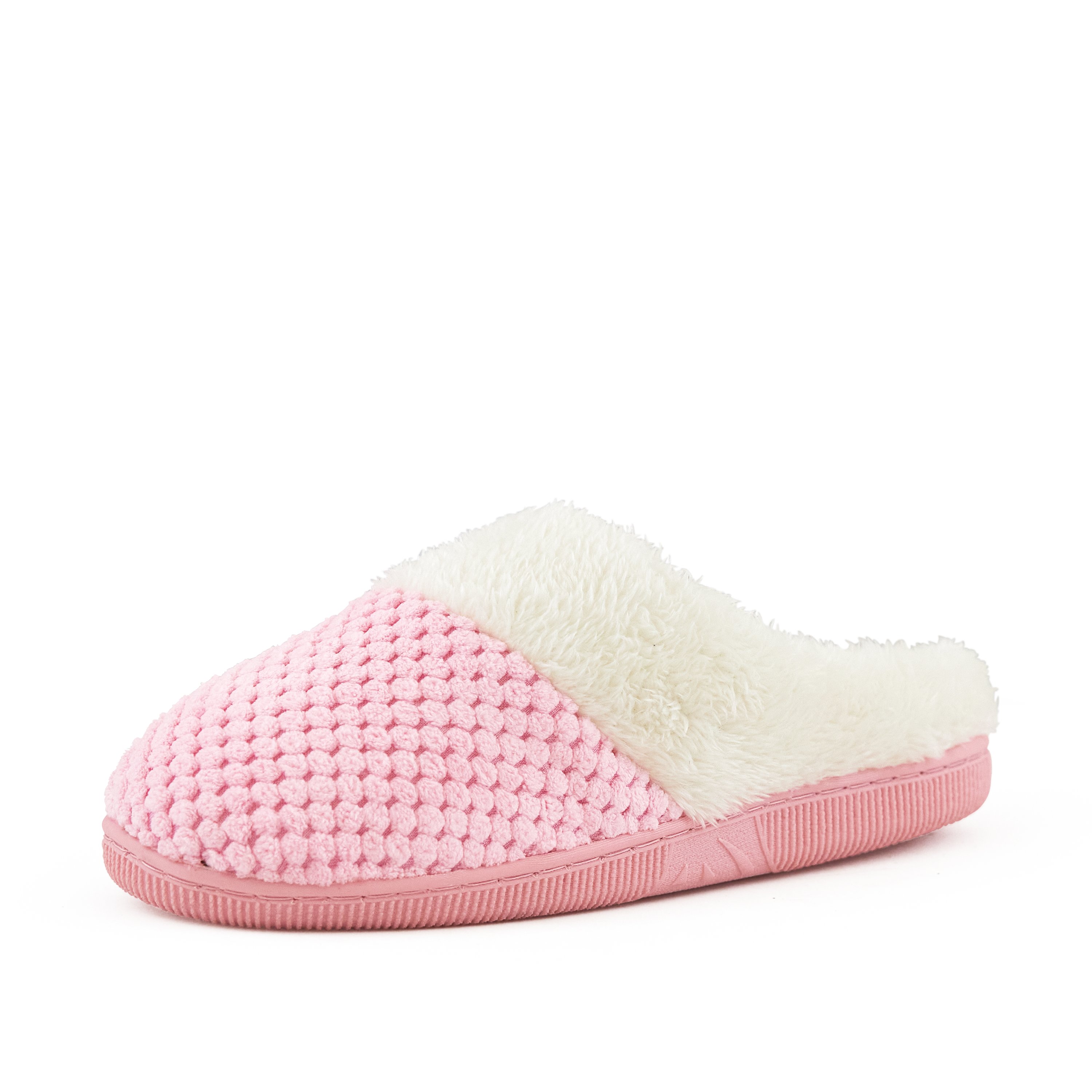 Cozy pink women's slippers with faux fur trim and grip sole, showcasing a round toe and slip-on design.