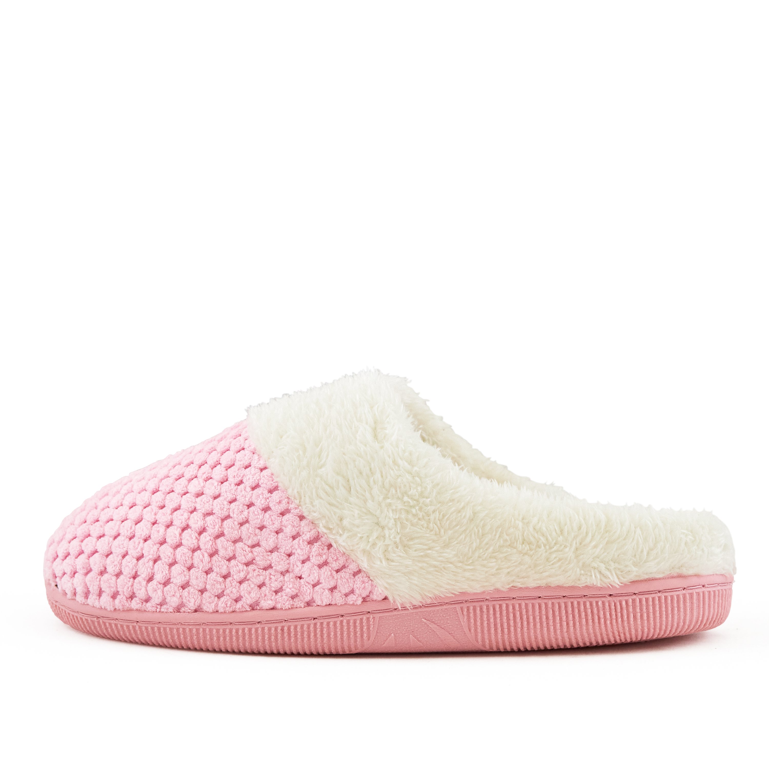 Cozy pink women's slippers with faux fur trim and grip sole, showcasing a round toe and slip-on design.