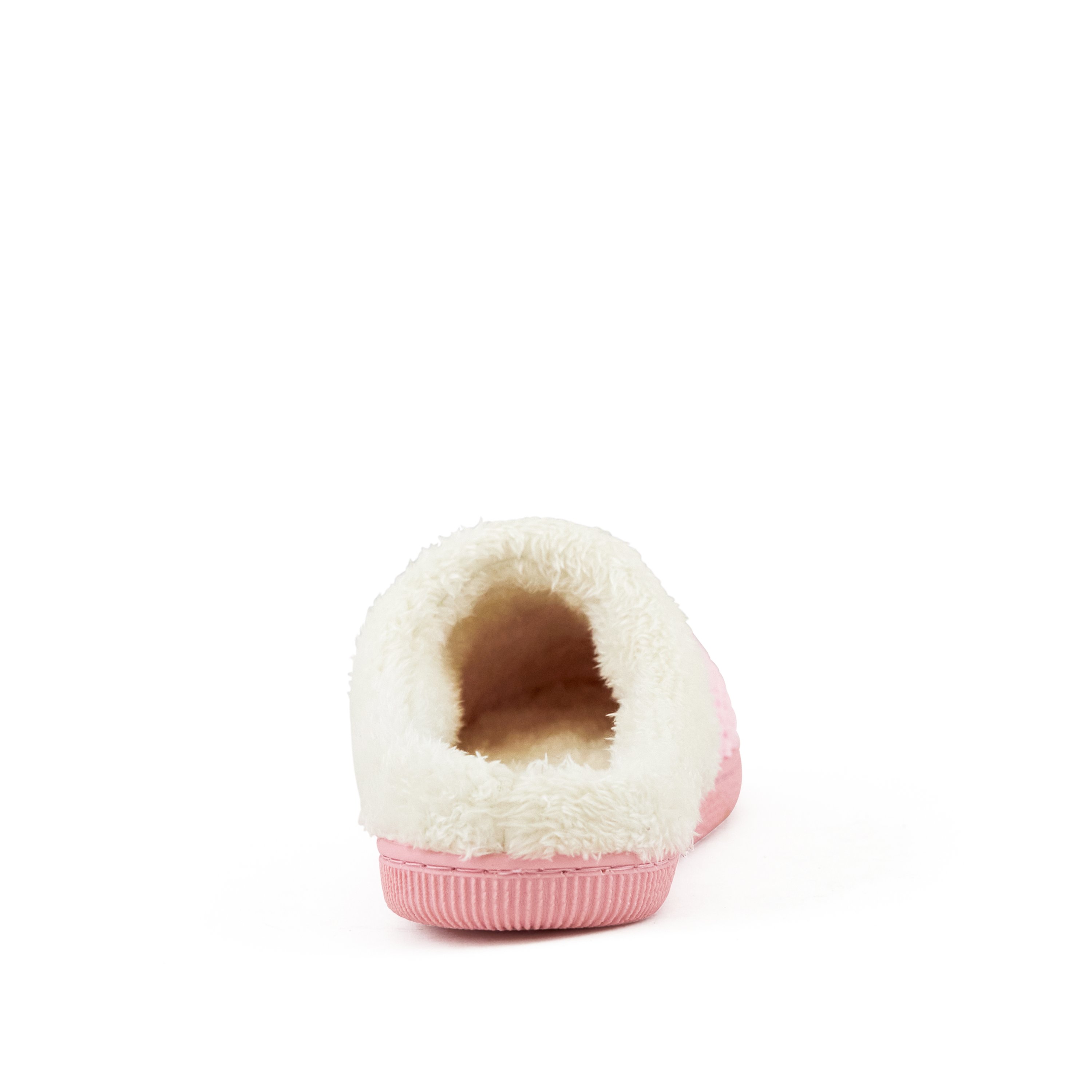 Cozy pink women's slippers with faux fur trim and grip sole, showcasing a round toe and slip-on design.