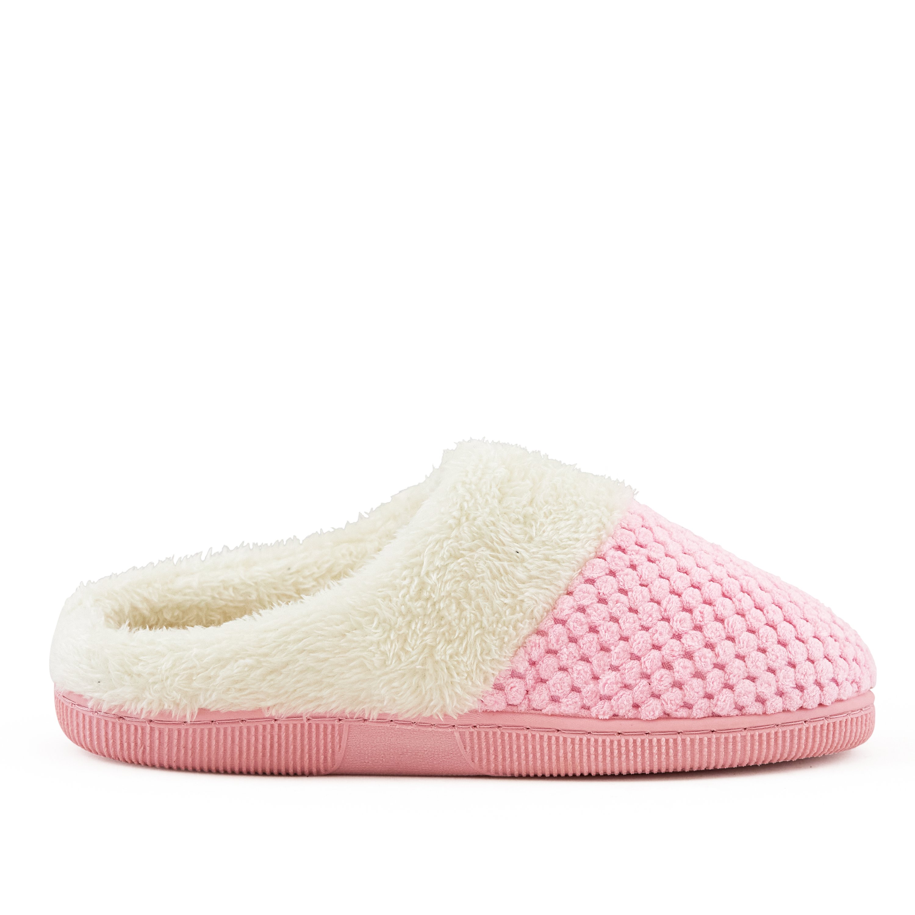 Cozy pink women's slippers with faux fur trim and grip sole, showcasing a round toe and slip-on design.