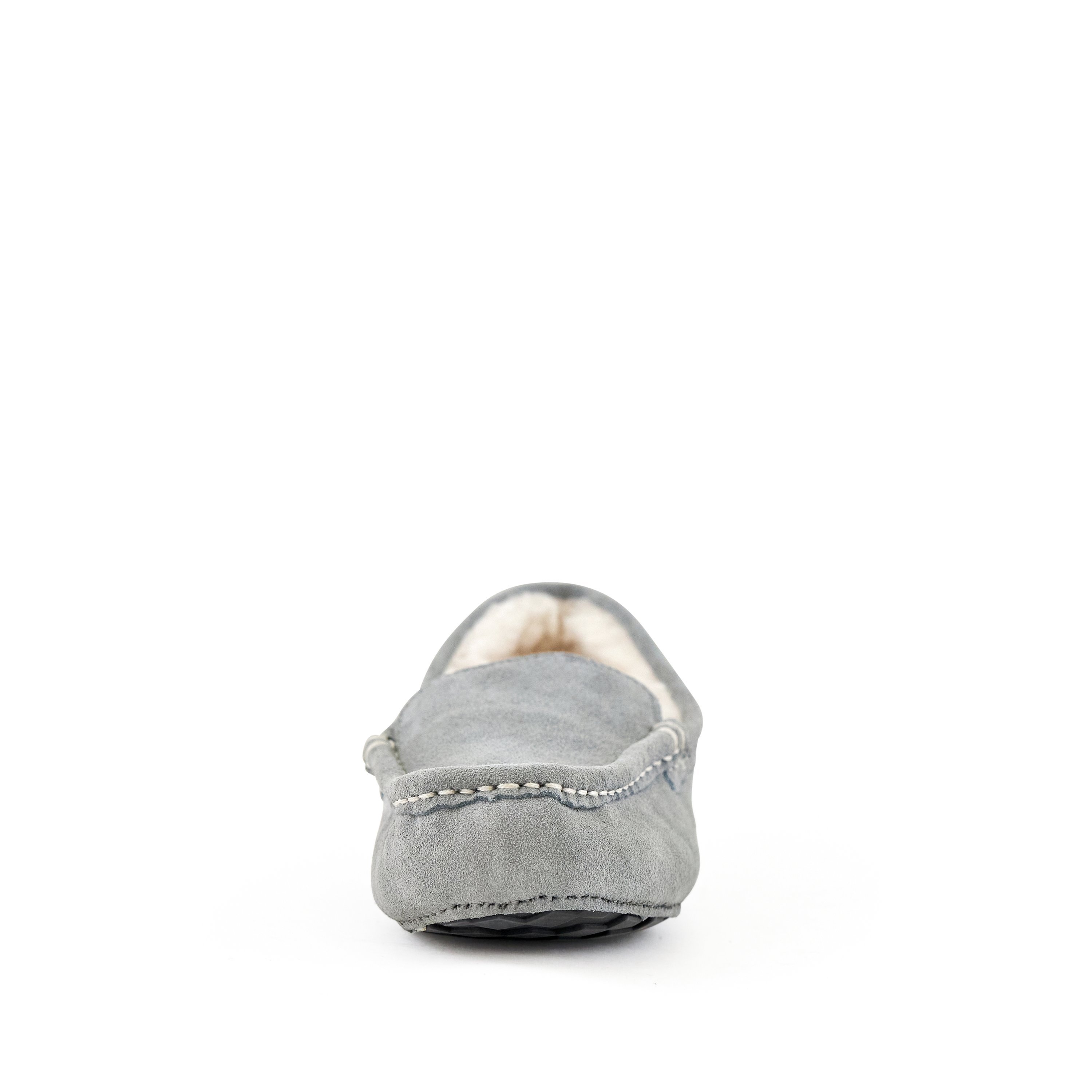 Cozy women's moccasin slippers in Toasty Light Grey, made from genuine suede with faux fur lining and rubber sole.