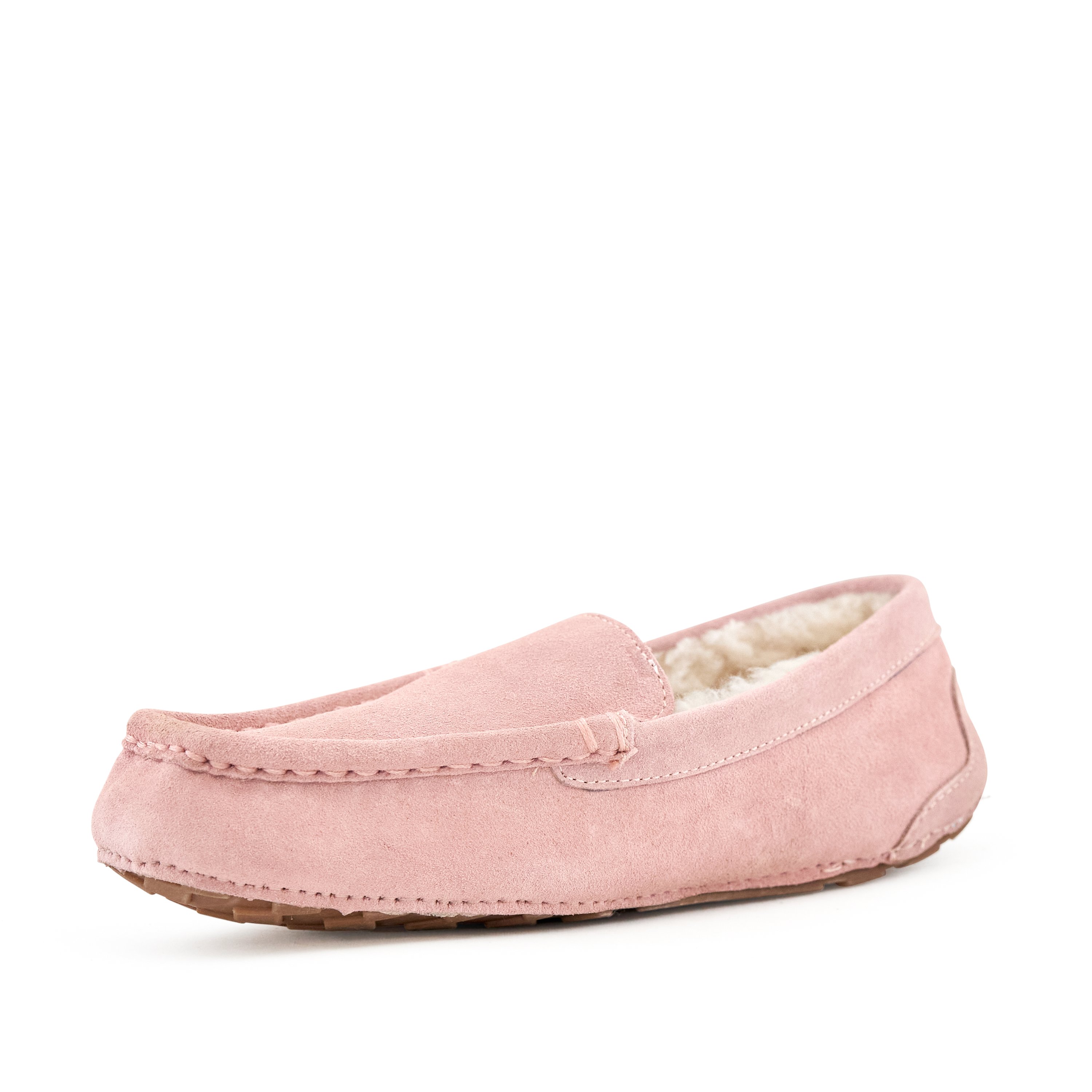 Cozy women's moccasin slippers in Toasty Pink, made from genuine suede with faux fur lining and a durable rubber sole.