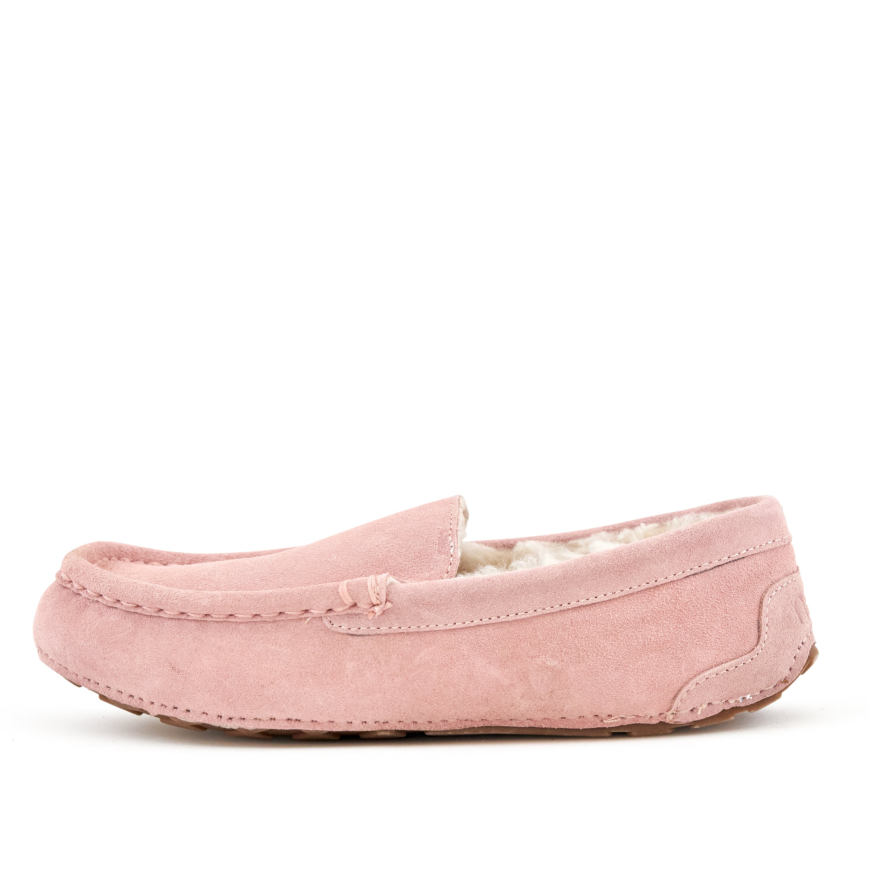 Cozy women's moccasin slippers in Toasty Pink, made from genuine suede with faux fur lining and a durable rubber sole.