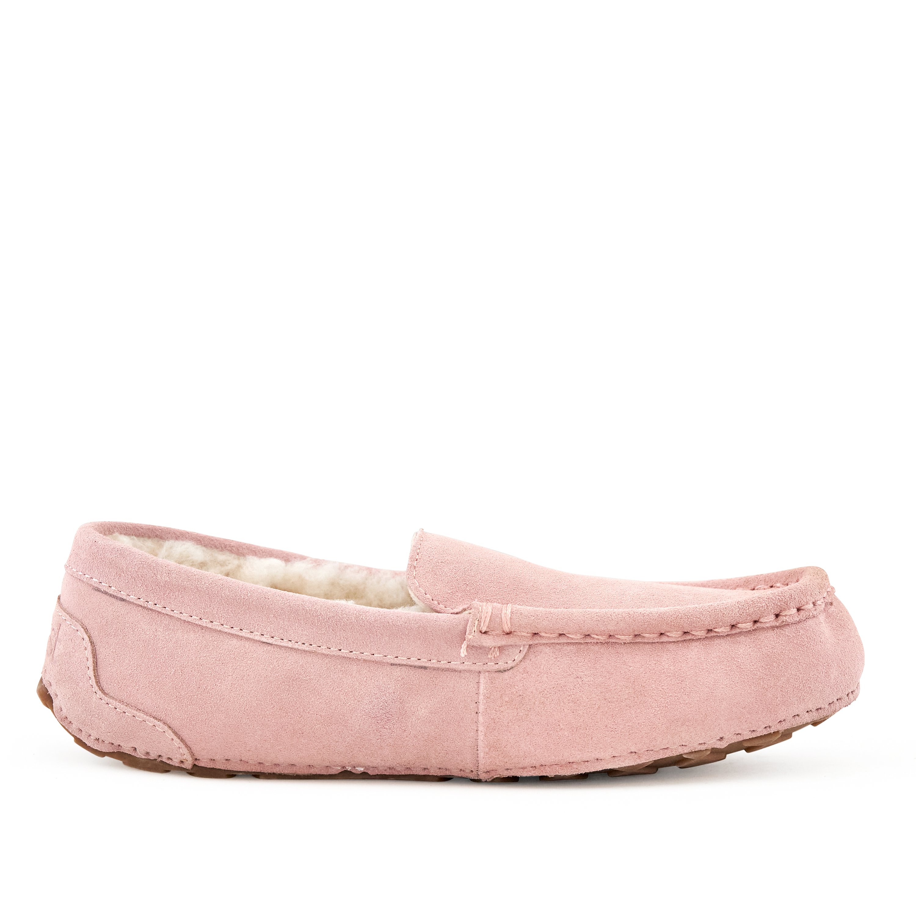 Cozy women's moccasin slippers in Toasty Pink, made from genuine suede with faux fur lining and a durable rubber sole.