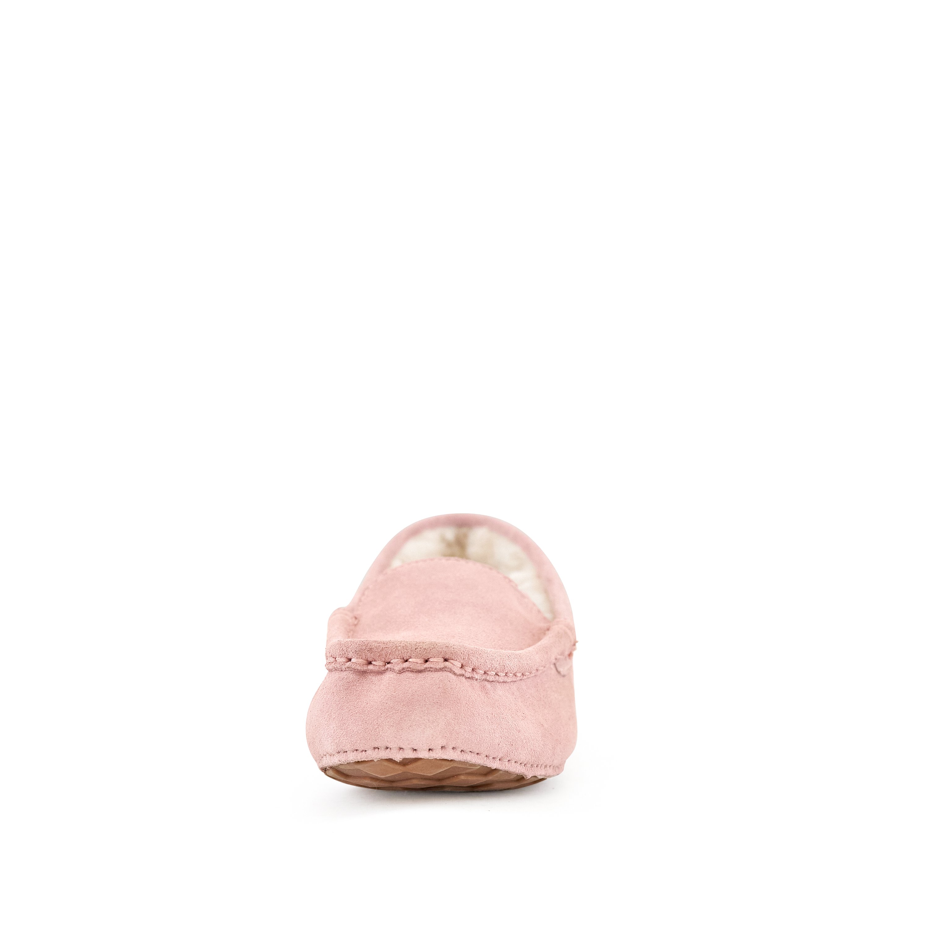 Cozy women's moccasin slippers in Toasty Pink, made from genuine suede with faux fur lining and a durable rubber sole.