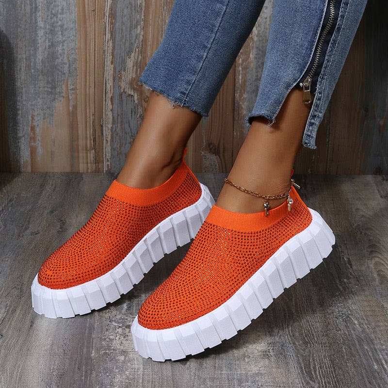 A pair of stylish 2022 Bling Bling Female Mesh Platform Vulcanized Shoes featuring a shimmering design and comfortable mesh upper.