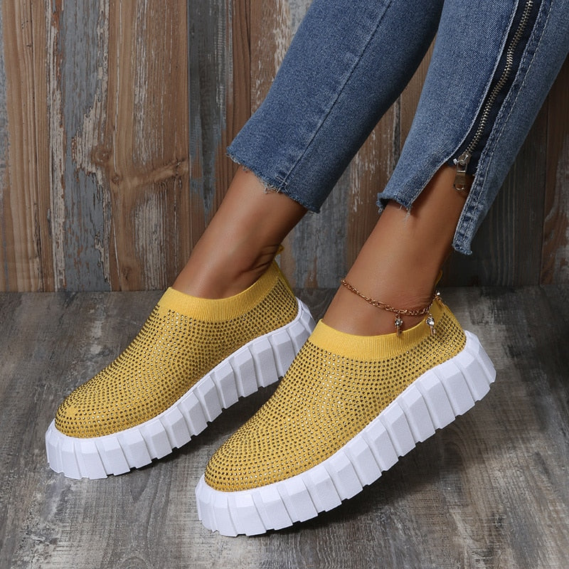 A pair of stylish 2022 Bling Bling Female Mesh Platform Vulcanized Shoes featuring a shimmering design and comfortable mesh upper.