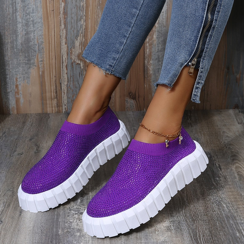 A pair of stylish 2022 Bling Bling Female Mesh Platform Vulcanized Shoes featuring a shimmering design and comfortable mesh upper.