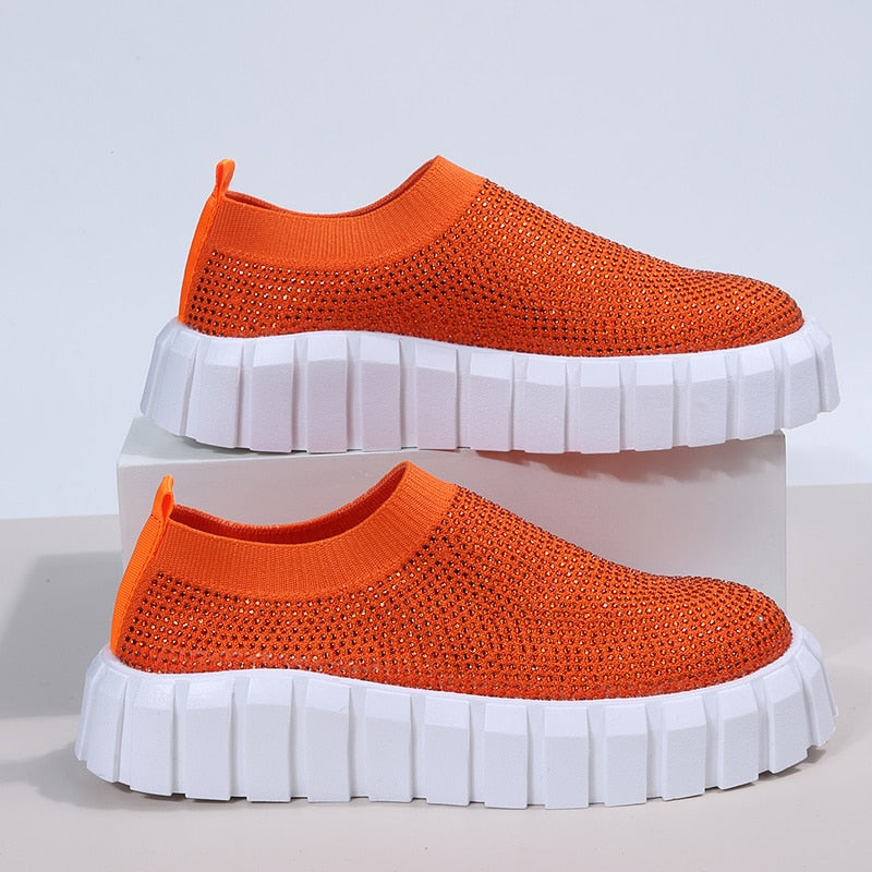 A pair of stylish 2022 Bling Bling Female Mesh Platform Vulcanized Shoes featuring a shimmering design and comfortable mesh upper.