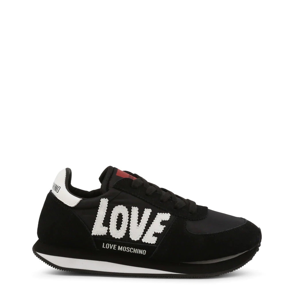 A pair of stylish black suede sneakers with a 3cm platform heel and embroidered 'Love' logo, showcasing their elegant design.