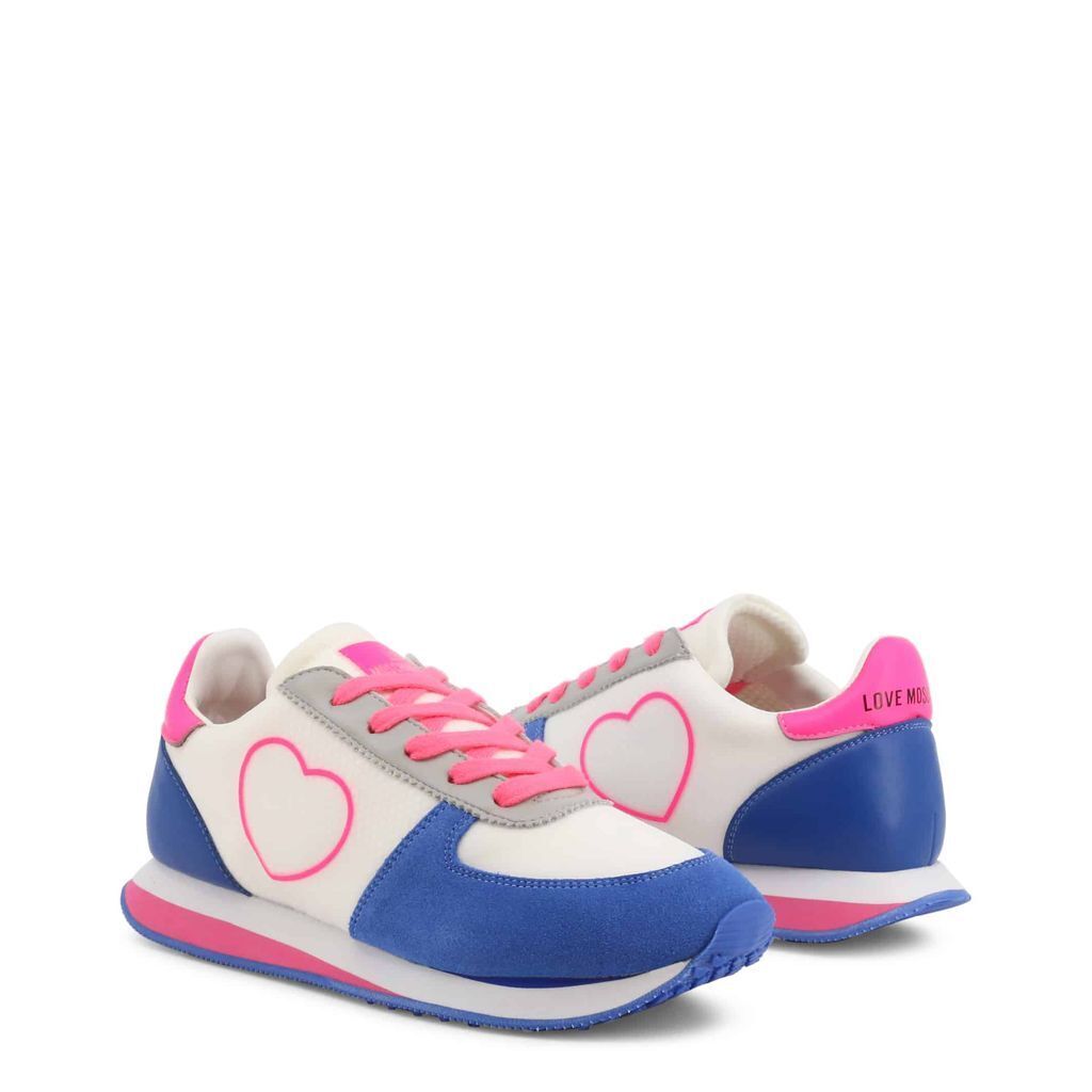 A pair of stylish Blue Heart Sneakers featuring electric blue and pink colors with a cushioned design and platform heel.