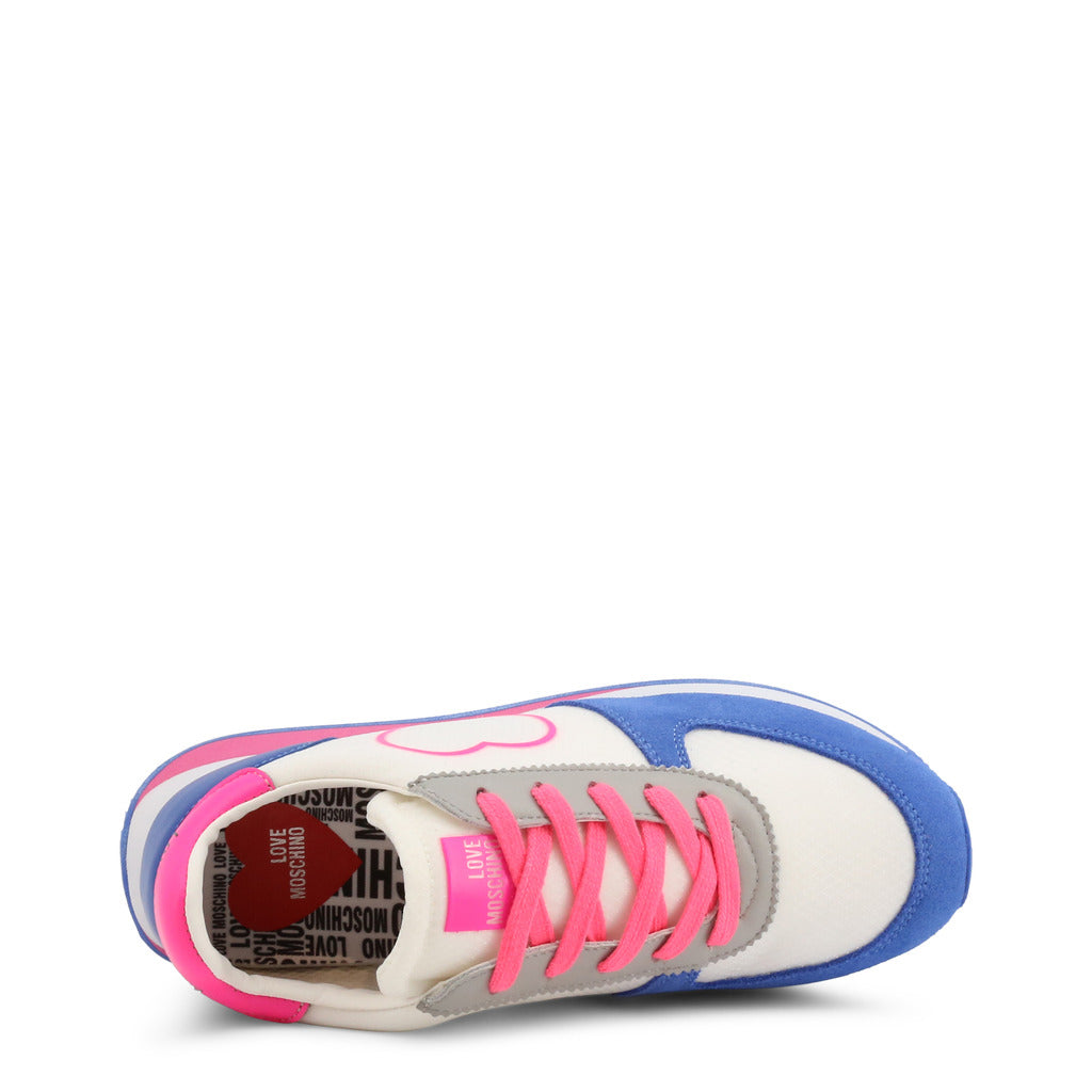 A pair of stylish Blue Heart Sneakers featuring electric blue and pink colors with a cushioned design and platform heel.