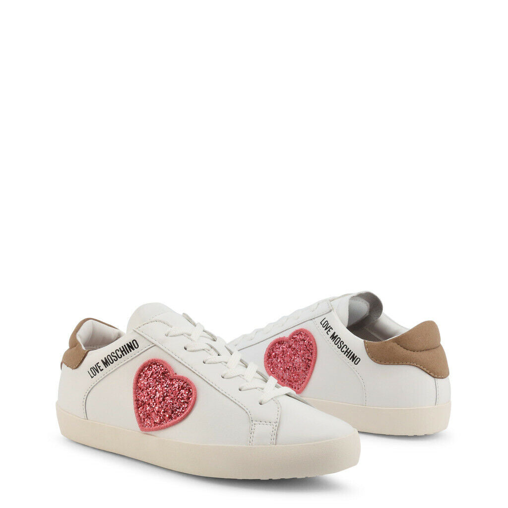 Love Moschino Glitter Heart Sneakers featuring pink sparkle hearts and a stylish lace-up design.