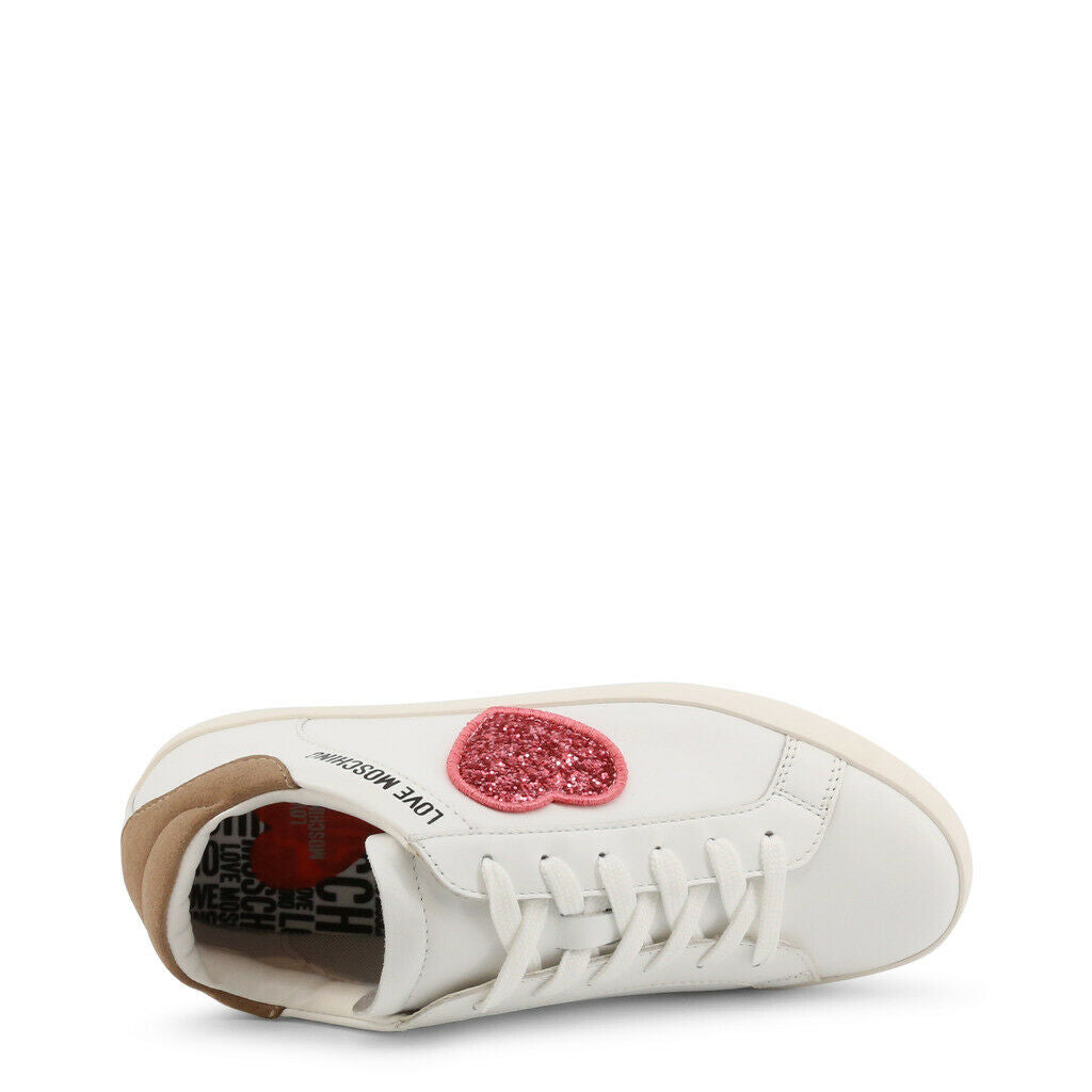 Love Moschino Glitter Heart Sneakers featuring pink sparkle hearts and a stylish lace-up design.