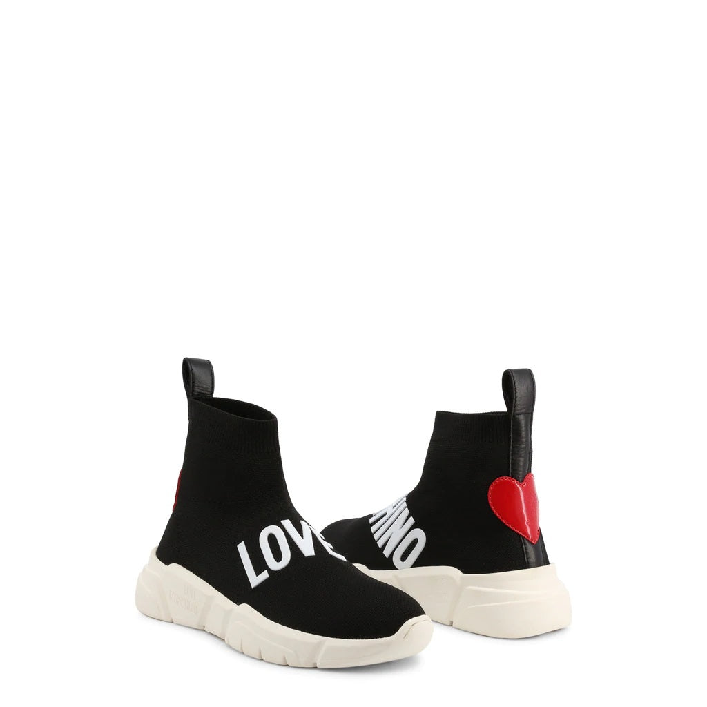 Love Moschino High Top Logo Sock Sneakers in black with red heart design, featuring a slip-on style and 3 cm platform heel.