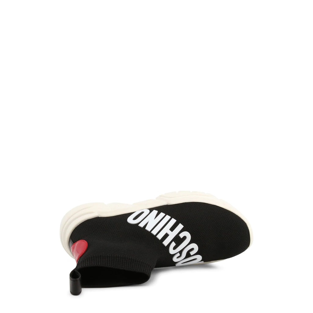 Love Moschino High Top Logo Sock Sneakers in black with red heart design, featuring a slip-on style and 3 cm platform heel.