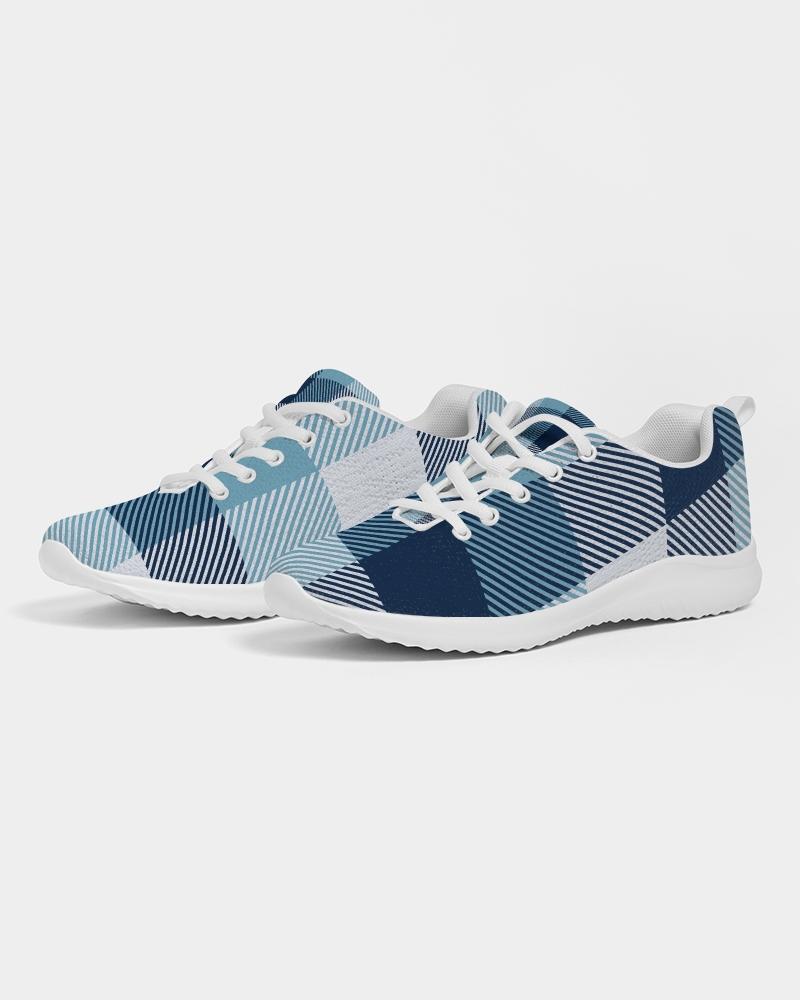 Men's low top canvas running shoes in blue plaid design, featuring a lace-up front, padded collar, and breathable lining for comfort.