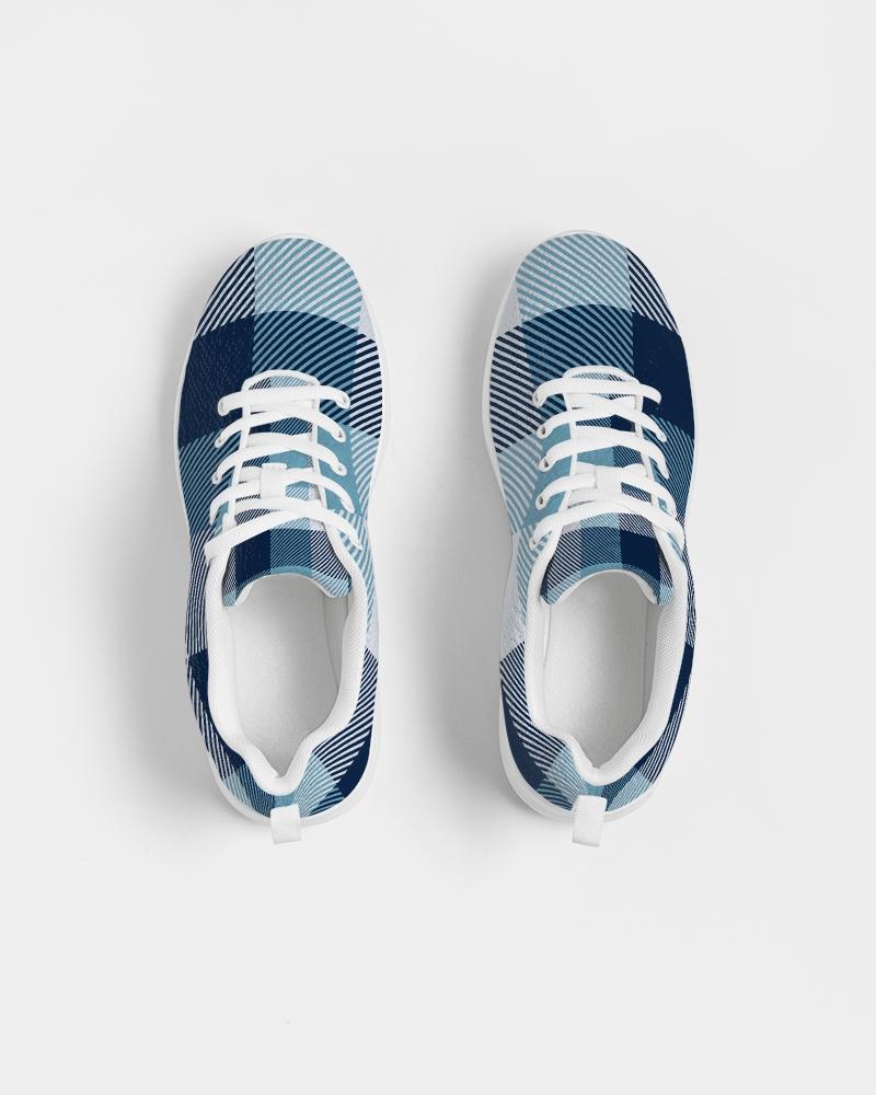 Men's low top canvas running shoes in blue plaid design, featuring a lace-up front, padded collar, and breathable lining for comfort.