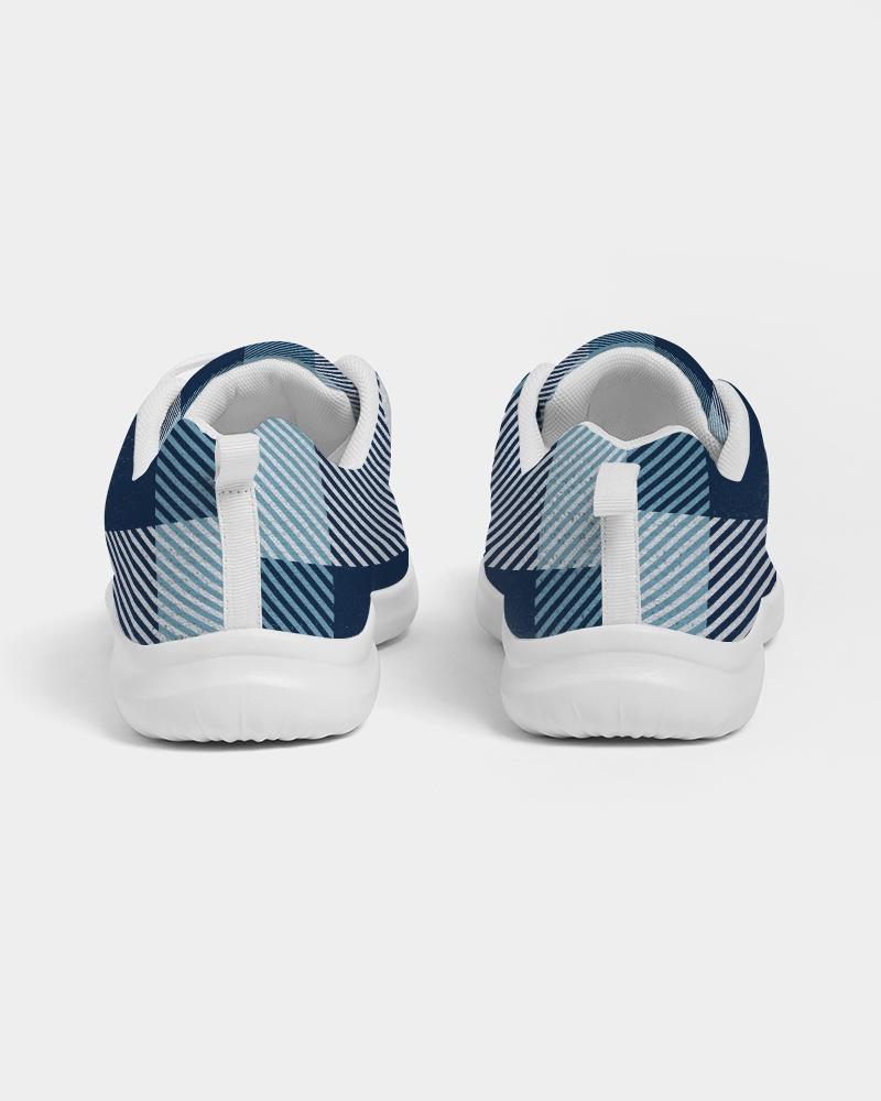 Men's low top canvas running shoes in blue plaid design, featuring a lace-up front, padded collar, and breathable lining for comfort.