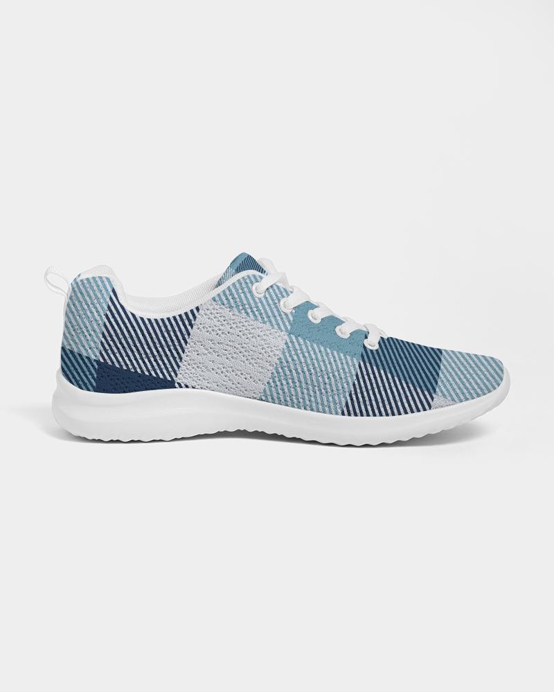 Men's low top canvas running shoes in blue plaid design, featuring a lace-up front, padded collar, and breathable lining for comfort.