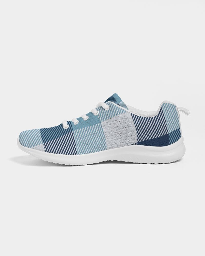 Men's low top canvas running shoes in blue plaid design, featuring a lace-up front, padded collar, and breathable lining for comfort.